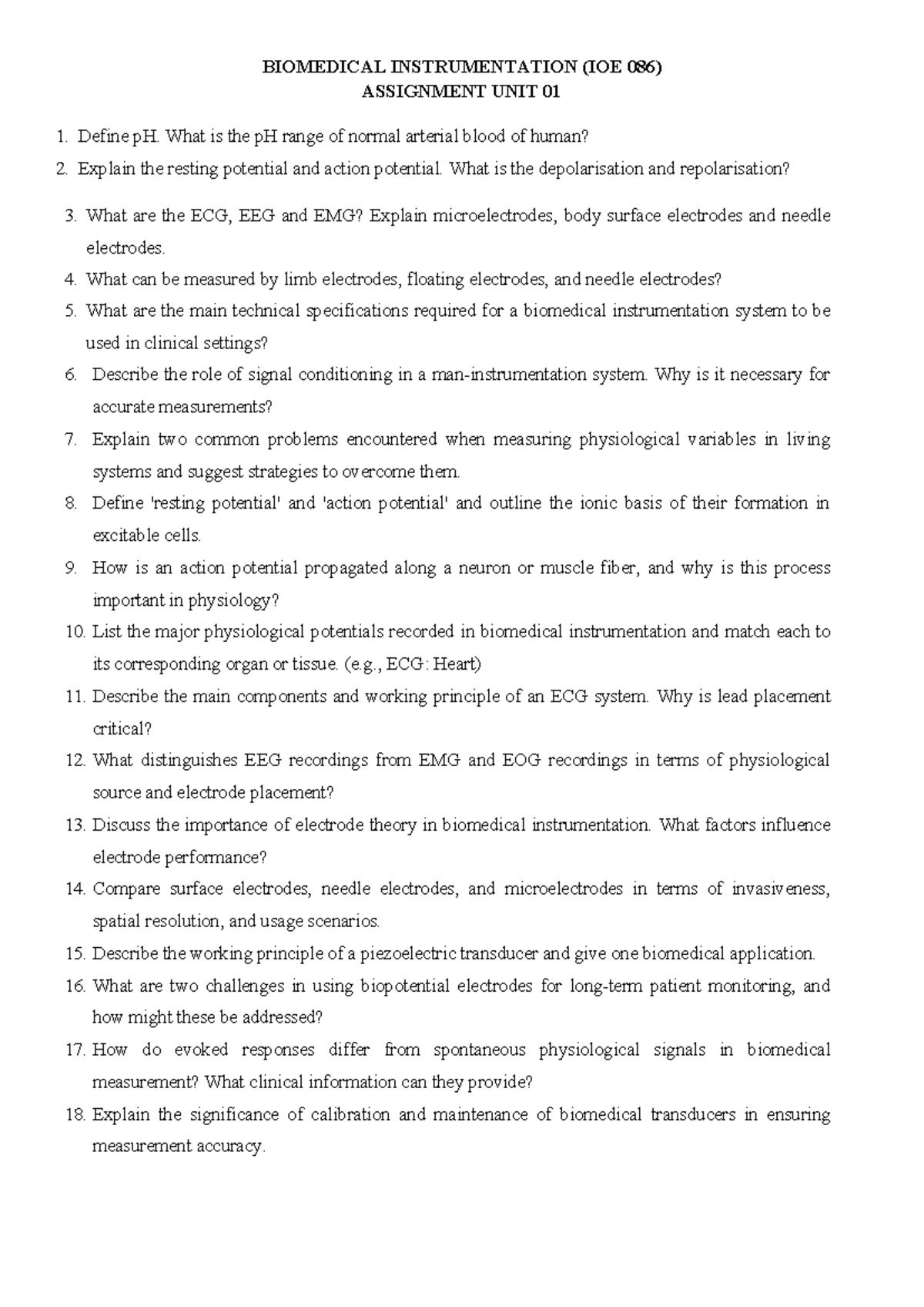Biomedical Instrumentation (IOE 086) Assignment Unit 01 Overview - Studocu