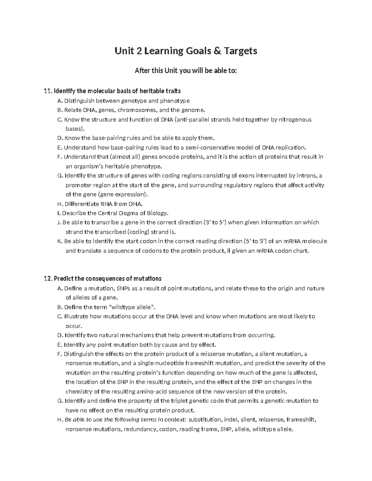 Unit 2 Learning Goals & Targets for Genetics (BIO 101) - Studocu
