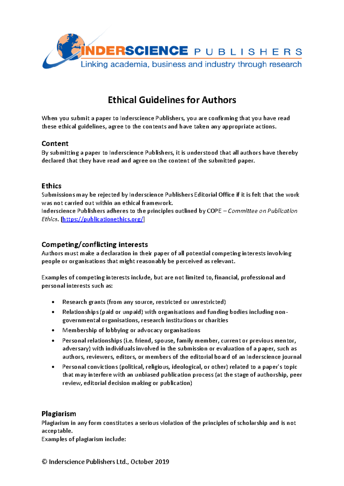 Authorethics - Note - © Inderscience Publishers Ltd., October 2019 ...