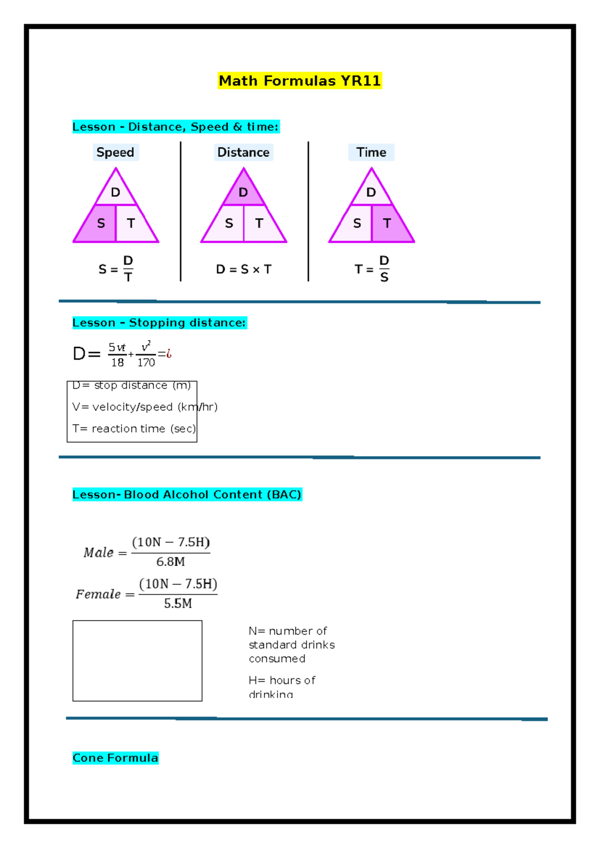 Math Formulas YR11 Lesson: Distance, Speed, Time & More - Studocu
