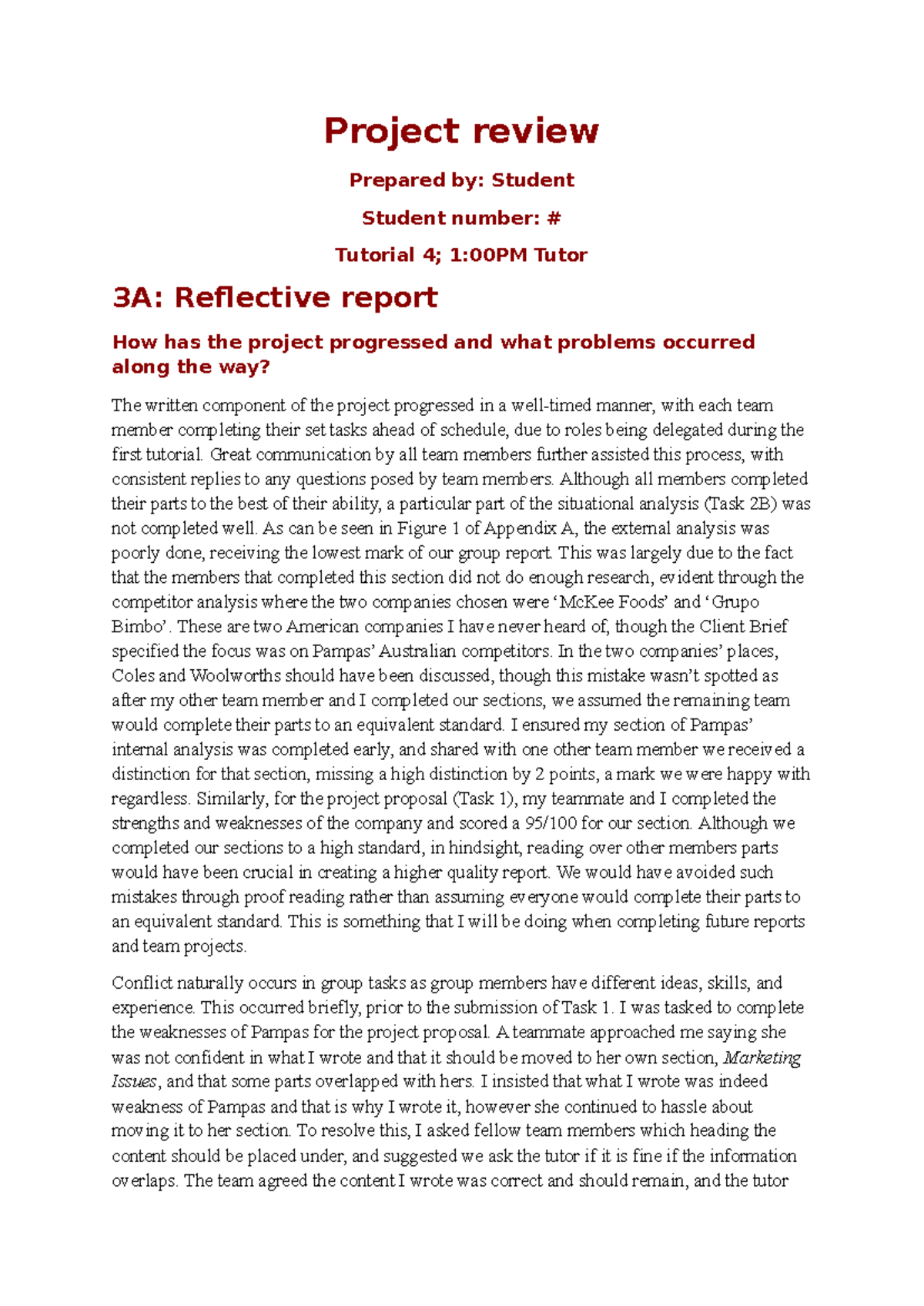 Reflective report applied proj in mark - Project review Prepared by ...