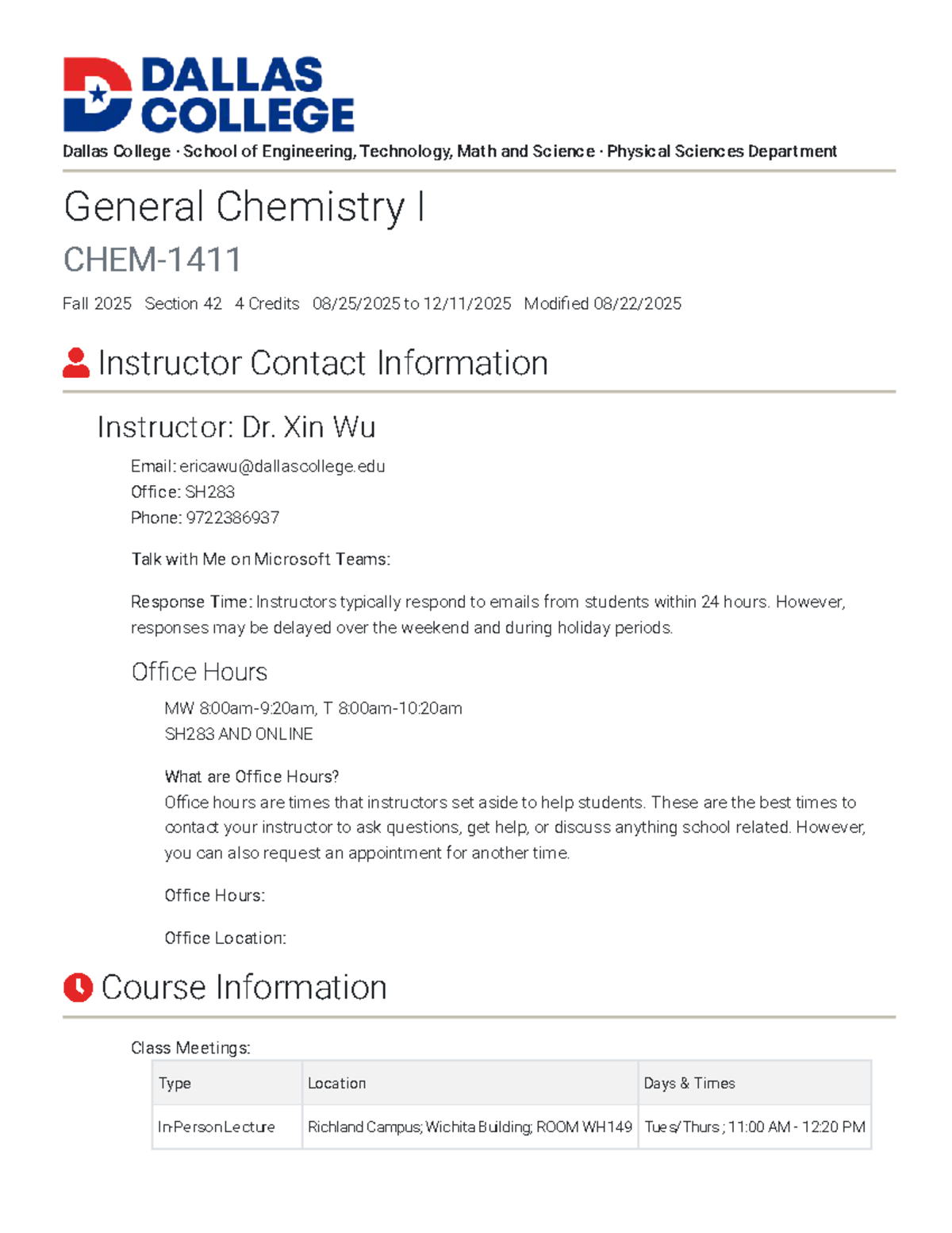 General Chemistry I CHEM 1411 Syllabus & Course Info Fall 2025 - Studocu