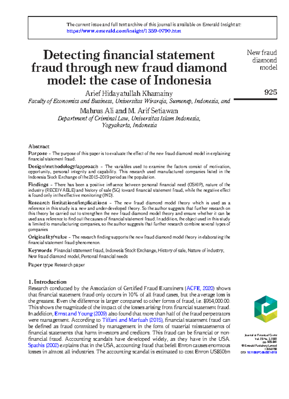 Detecting financial statement fraud using the new fraud diamond model ...