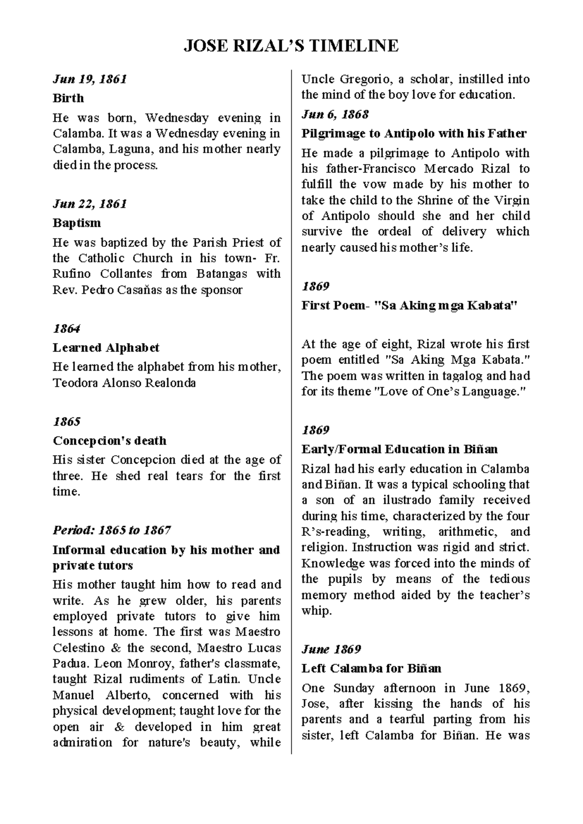 Jose Rizal Timeline: Key Events from 1861 to 1891 - Studocu