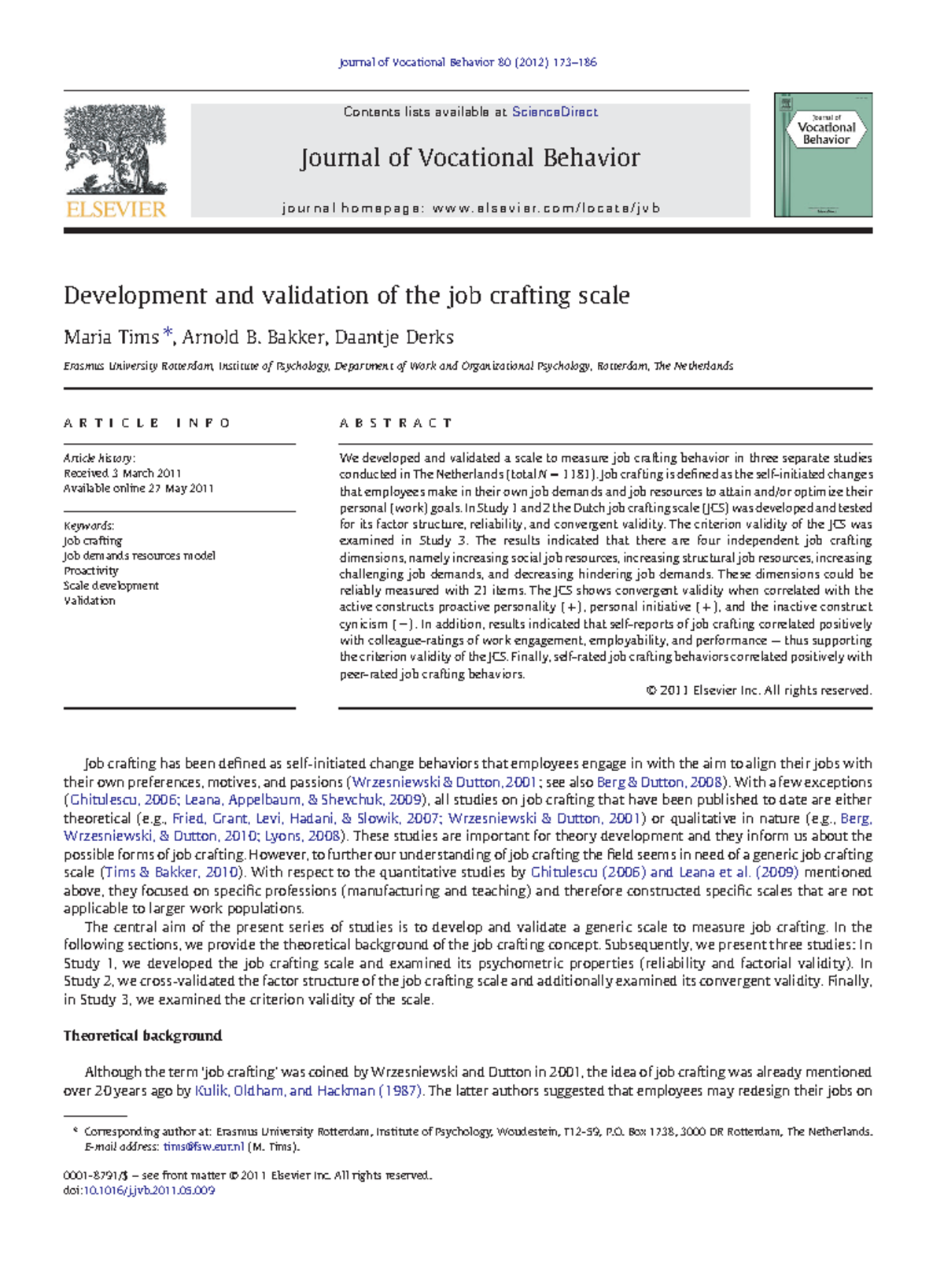 Development and Validation of Job Crafting Scale - Tims et al. 2012 ...