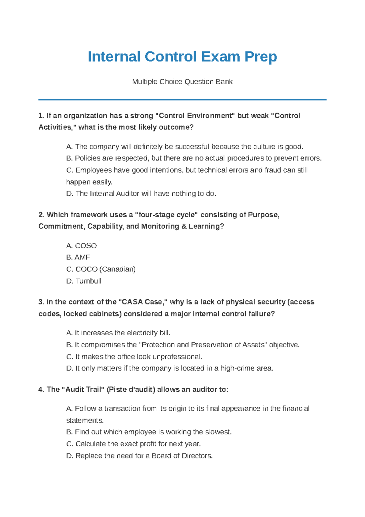 Internal Control Exam Prep: Quiz Bank for Risk Management - Studocu