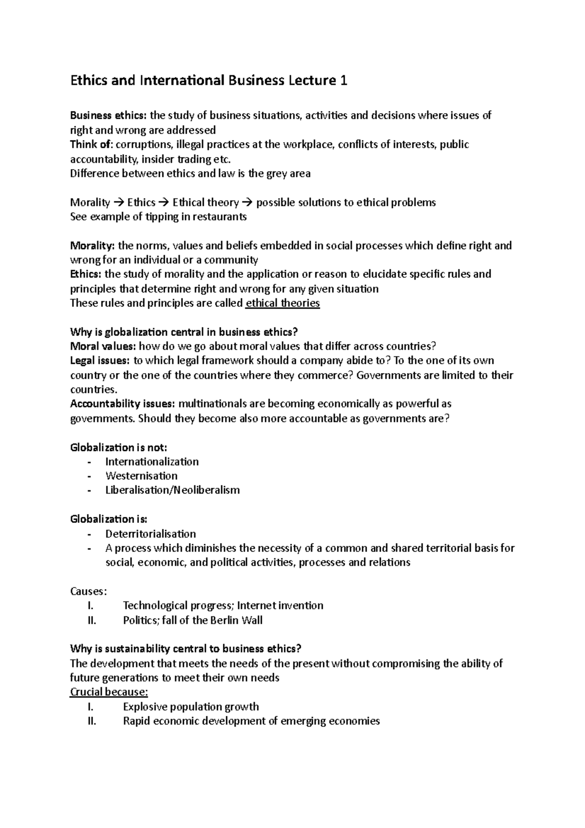 Ethics and International Business Lecture 1 - Study Notes for IB Course ...