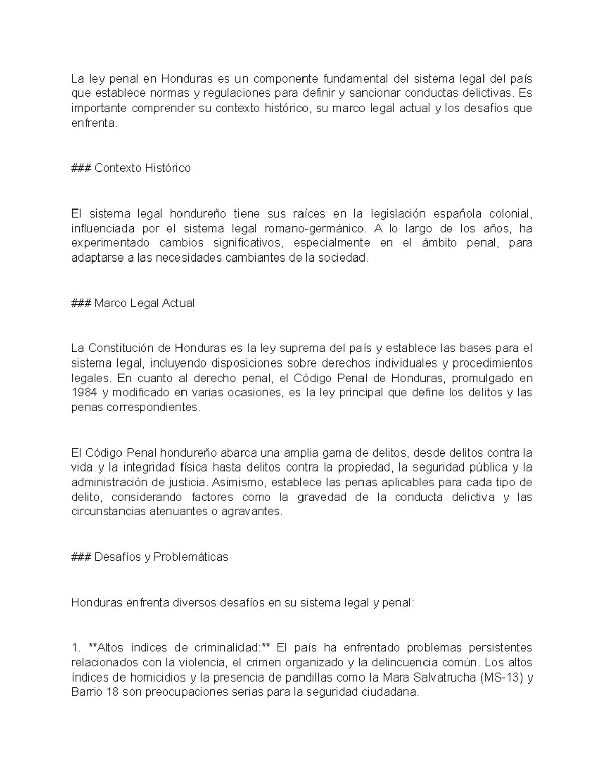 Ensayo sobre la Ley Penal en Honduras: Contexto y Desafíos - Studocu