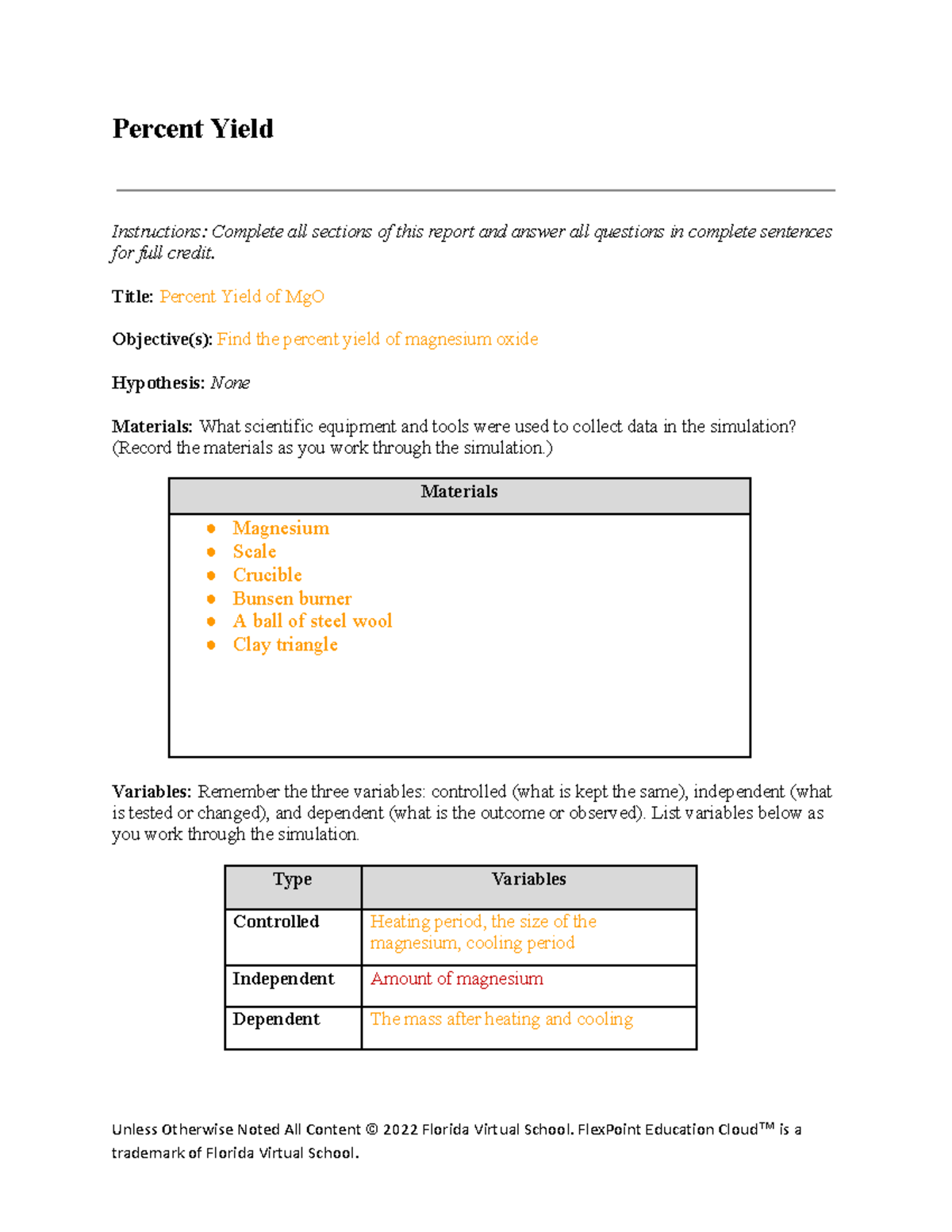 05.07 Percent Yield Lab Report: MgO Experiment Analysis - Studocu