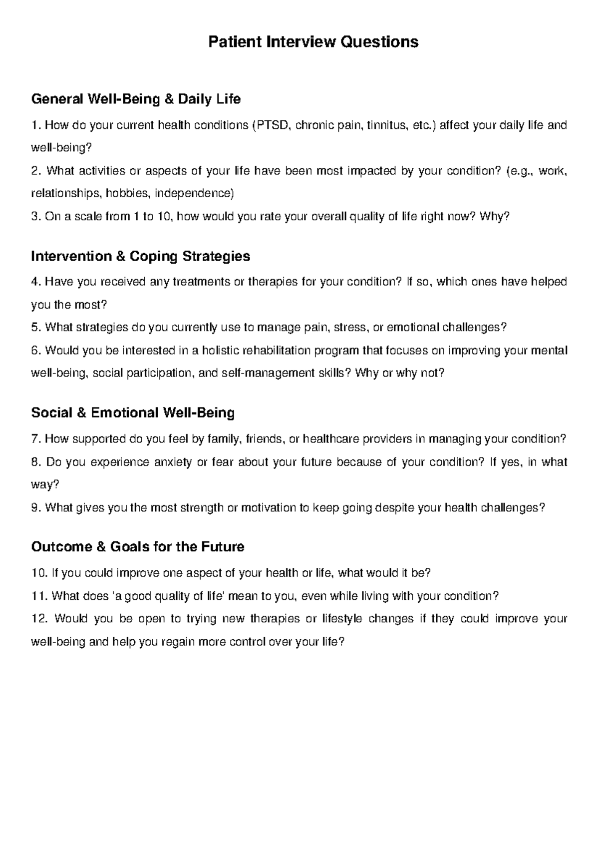Patient Interview Questions: Assessing Well-Being & Coping Strategies ...