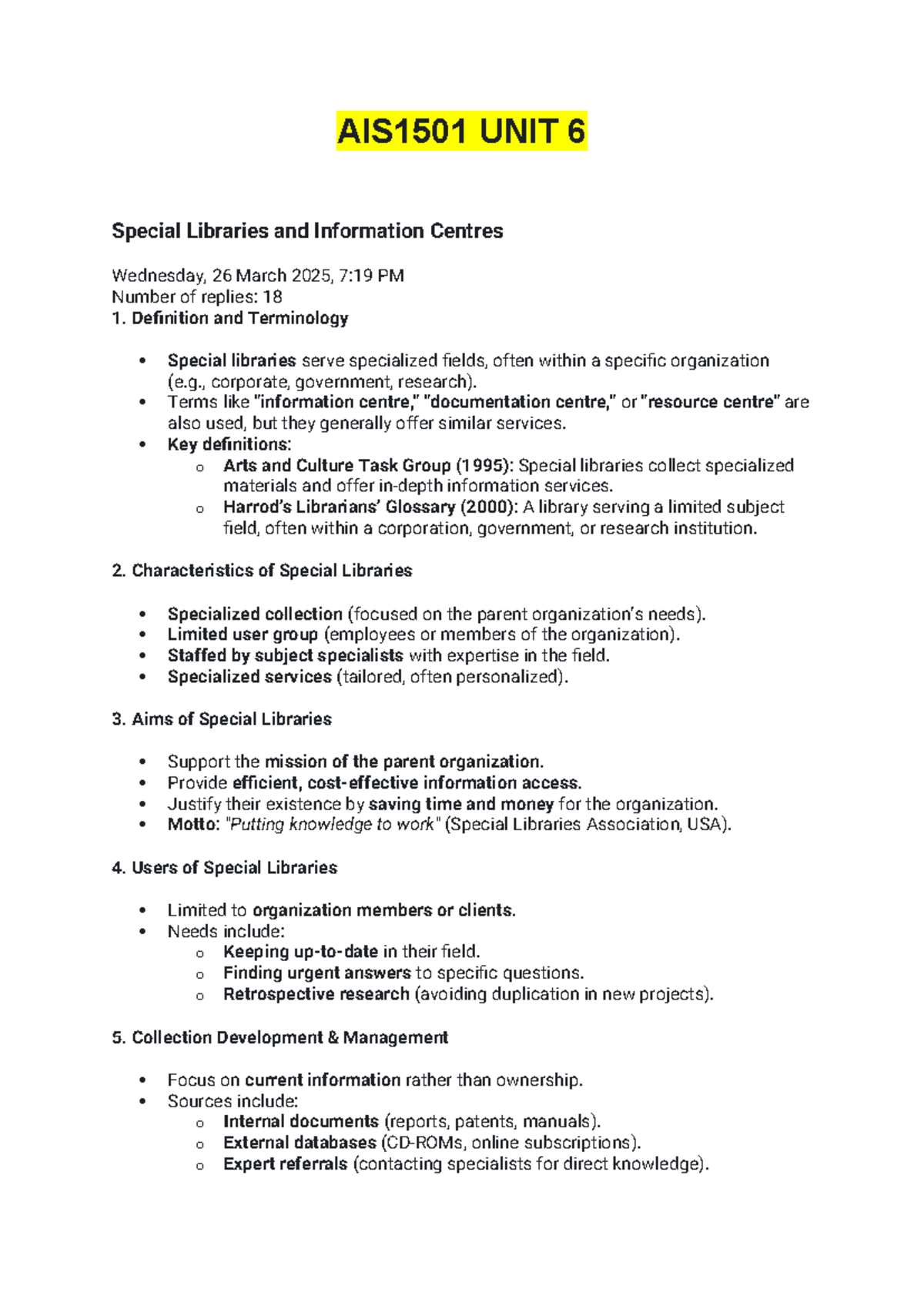 AIS1501 UNIT 6 Special Libraries and Information Centres Overview and ...