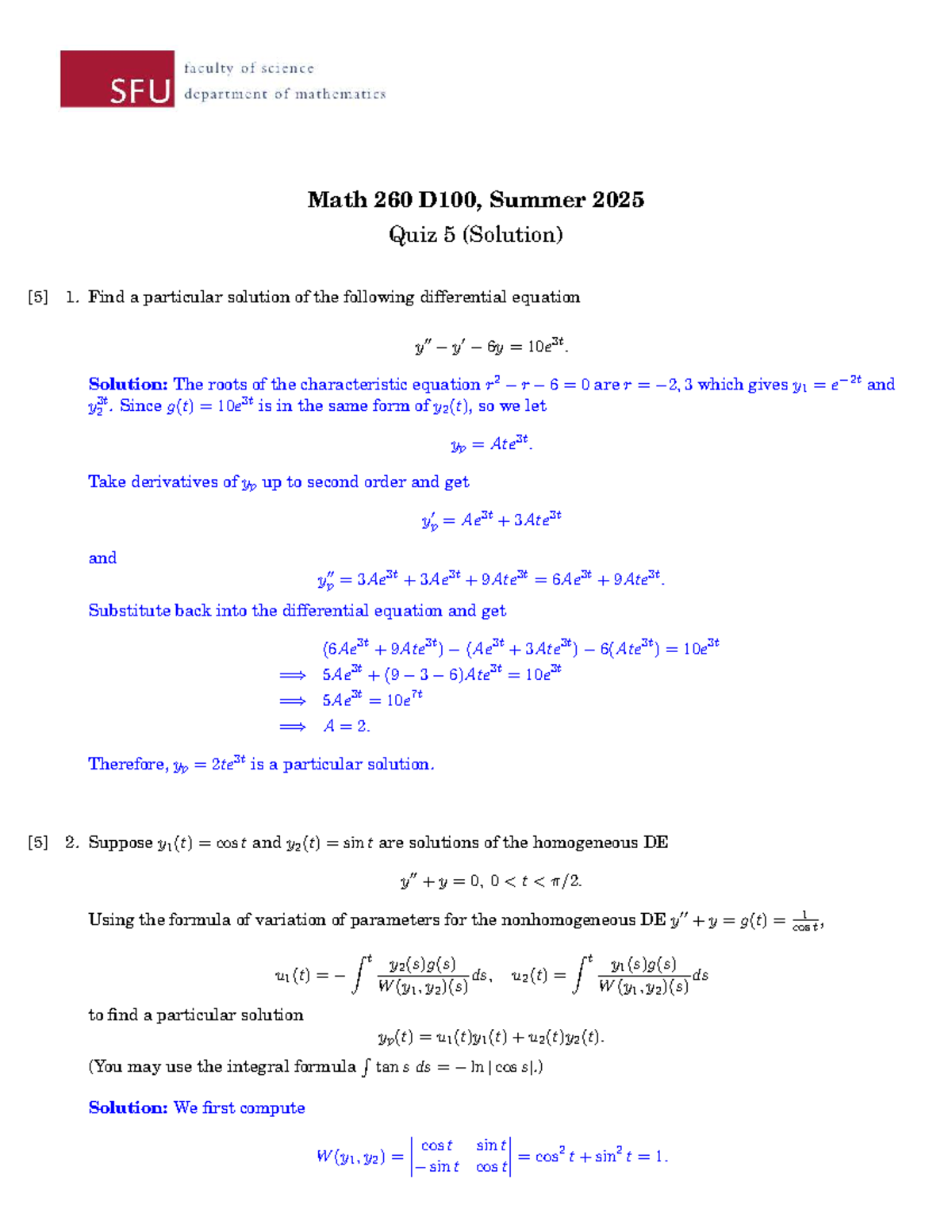 Math 260 D100, Summer 2025 Quiz 5 Solutions and Explanations - Studocu