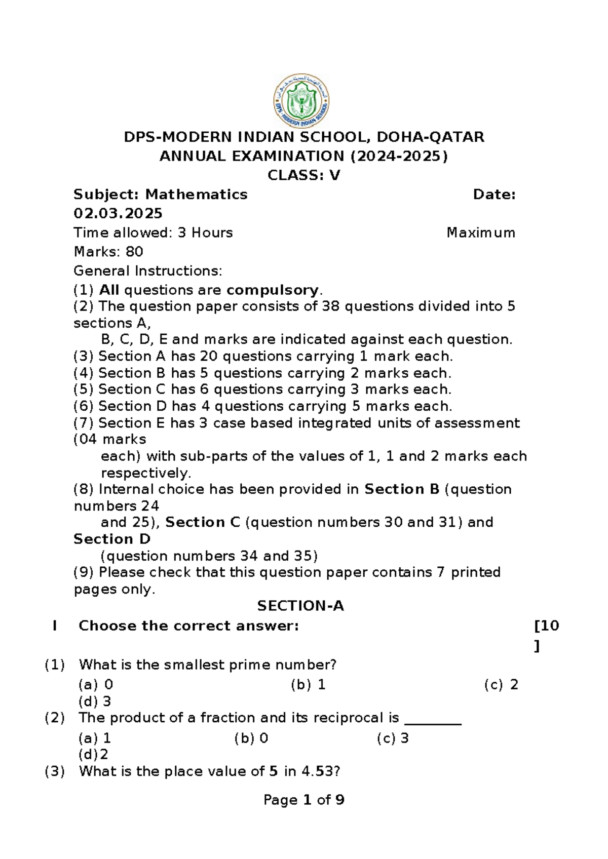 Mathematics Annual Exam Class V - 2025 (Max Marks: 80) - Studocu
