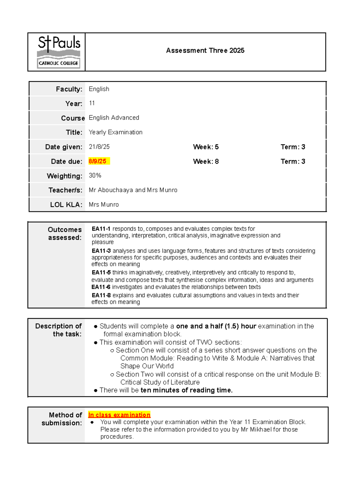 11 Adv English Assessment 3 2025 - Yearly Exam Details - Studocu