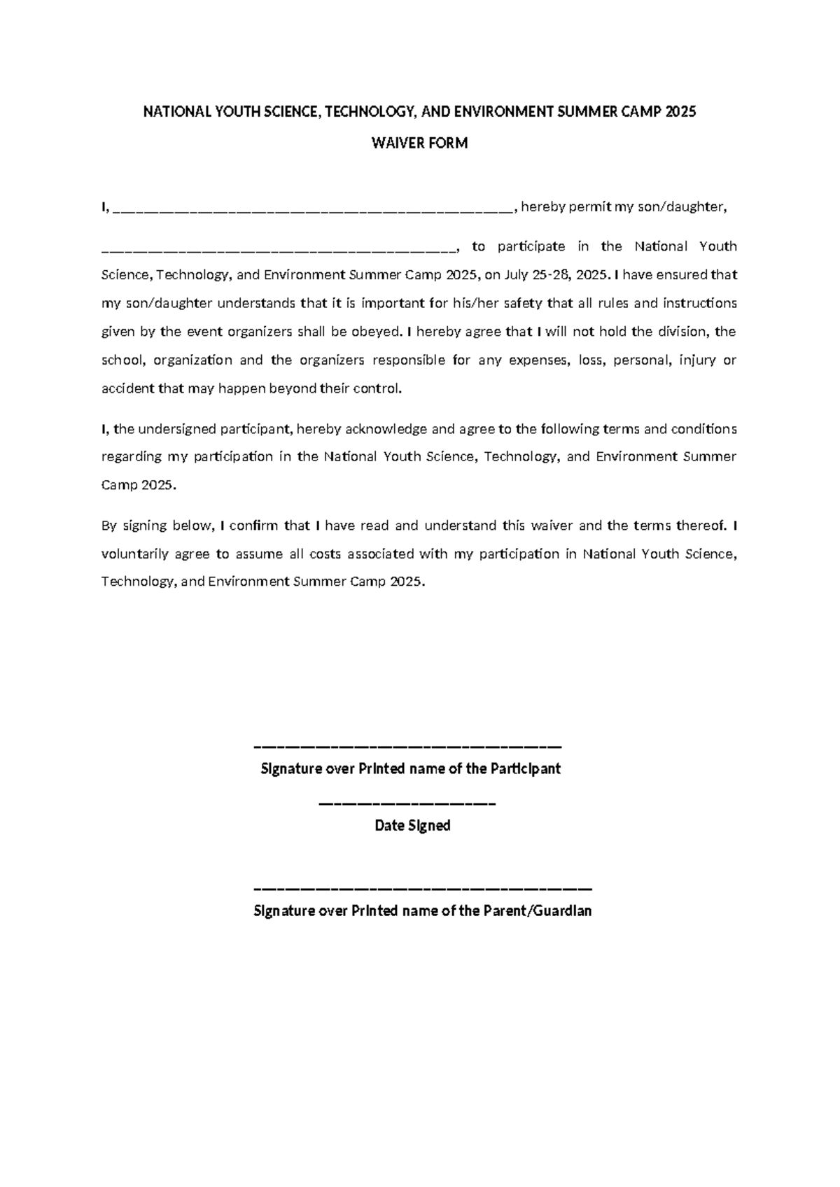 NYSTESC 2025 Waiver Form for Summer Camp Participation - Studocu