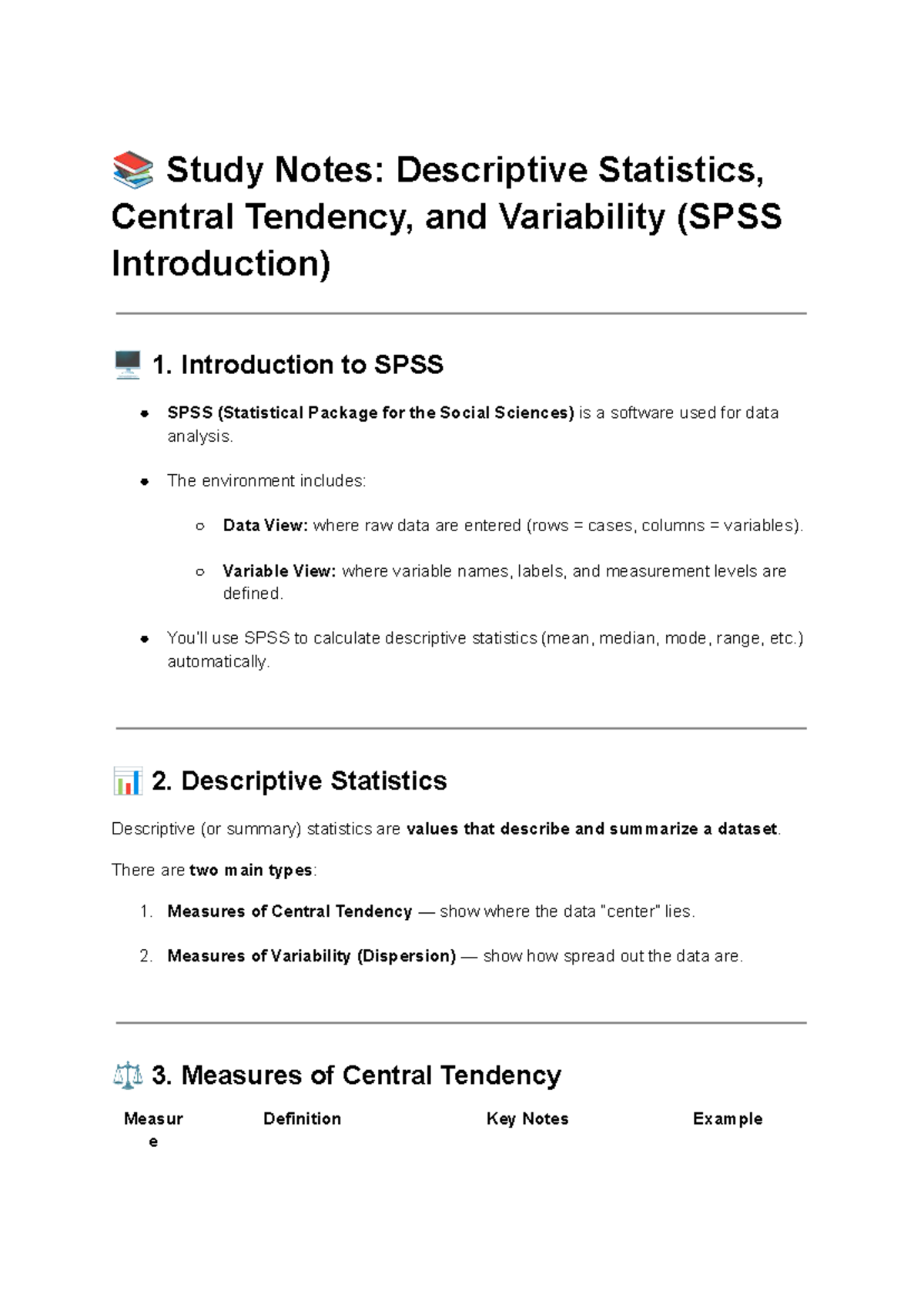 Study Notes: Descriptive Stats & Central Tendency (SPSS Intro) - Studocu