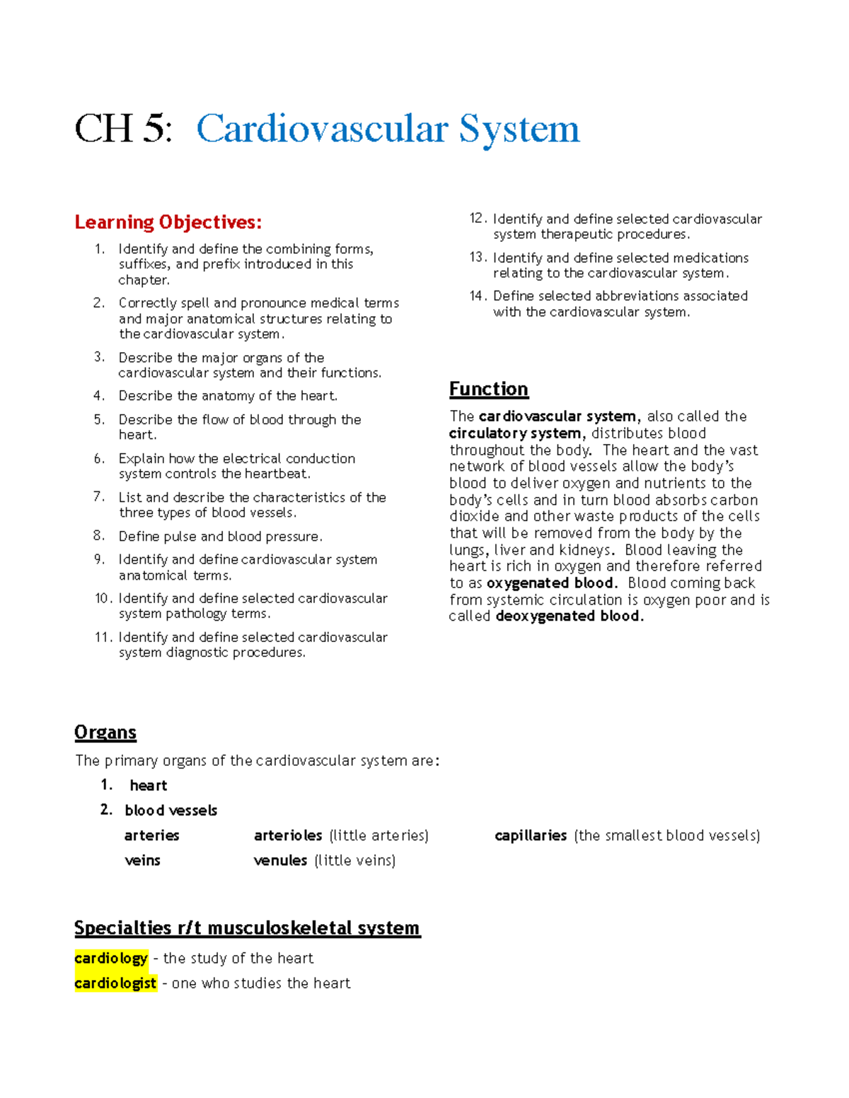 CH 5 Cardiology: Overview of the Cardiovascular System - Studocu