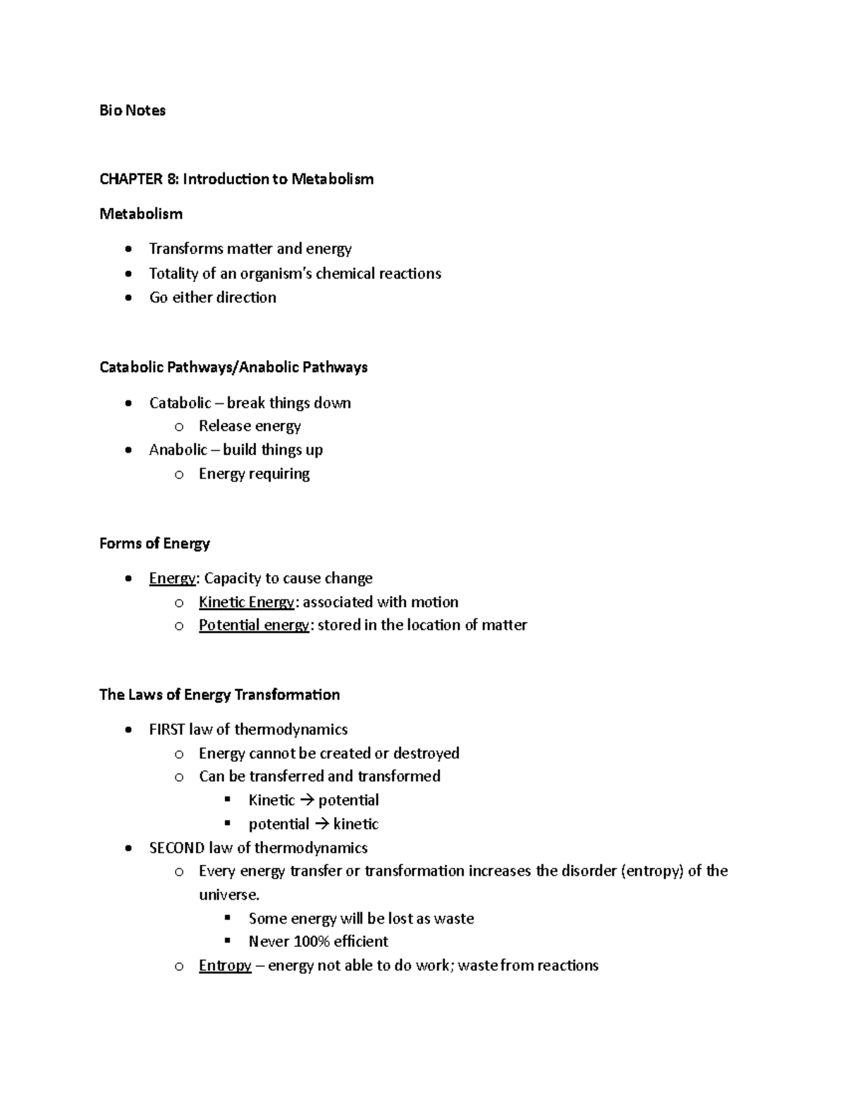 Bio Notes CHAPTER 8: Introduction to Metabolism and Energy ...