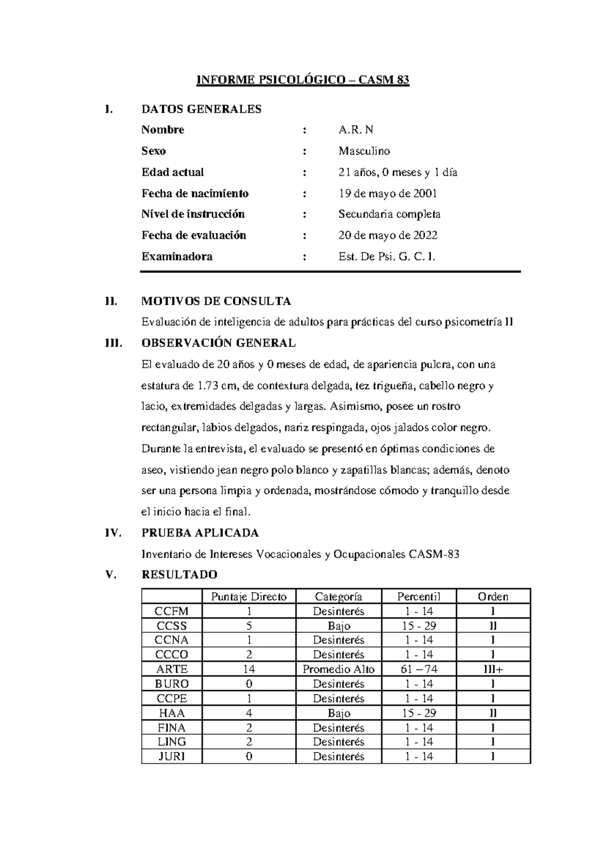 Informe Psicológico: Depresión Zung y Ansiedad Hamilton - Evaluación ...