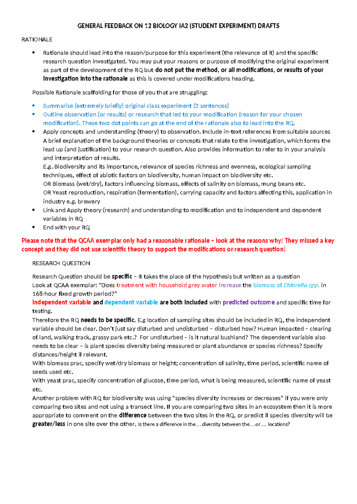 General Feedback on 12 Biology IA2 Drafts: Rationale & Research ...