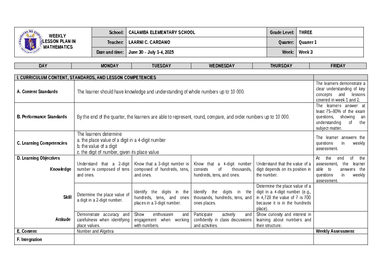 Q1-MATH(WEEK 3) - Weekly Lesson Plan for Grade 3 Mathematics - Studocu