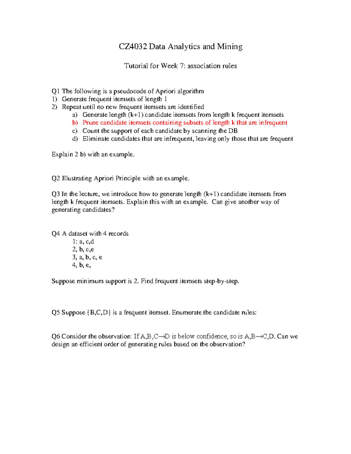 CZ4032 Data Analytics & Mining Week 7 Tutorial: Apriori Algorithm - Studocu