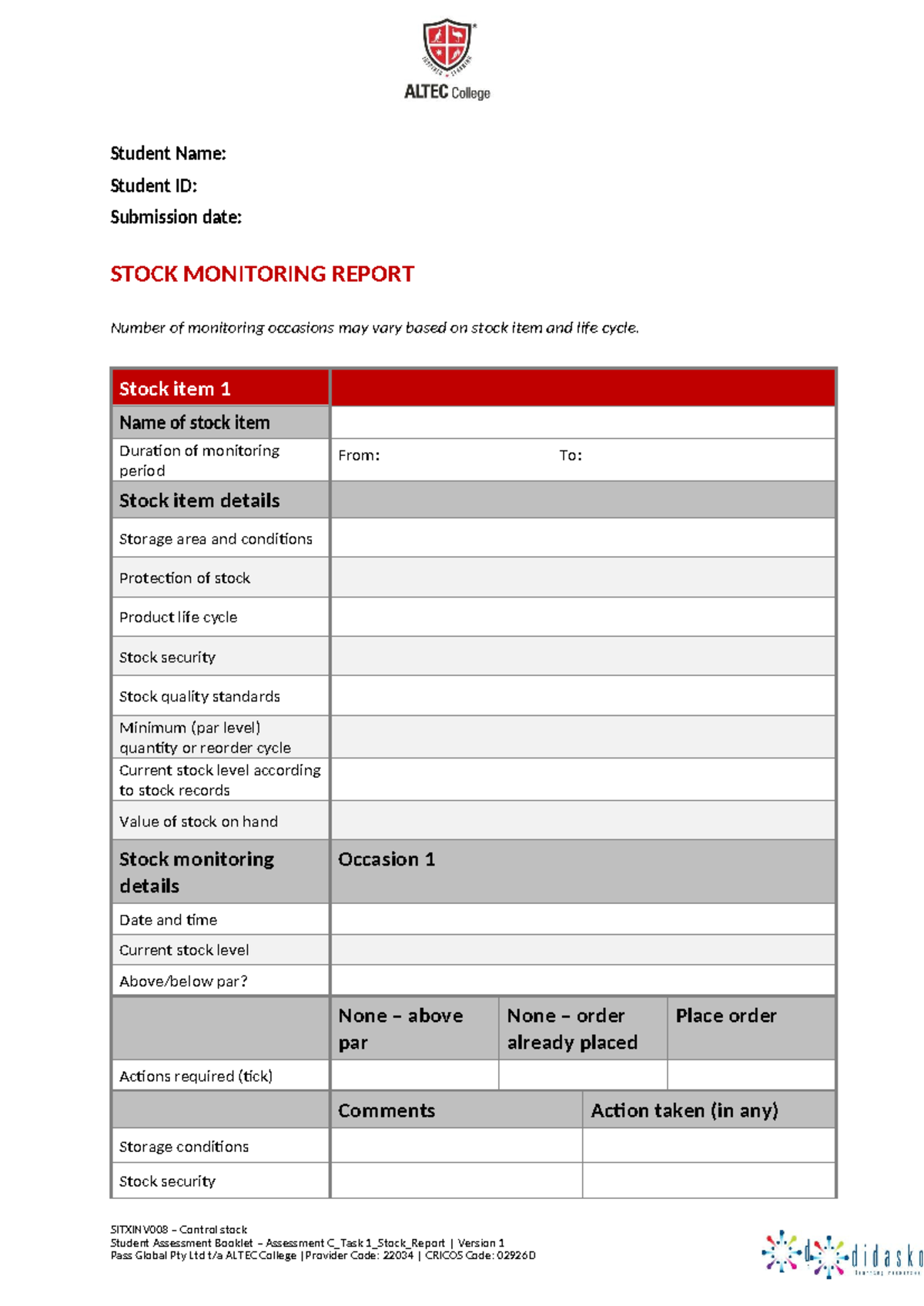 SITXINV008 Stock Monitoring Report - Assessment C Task 1 - Studocu