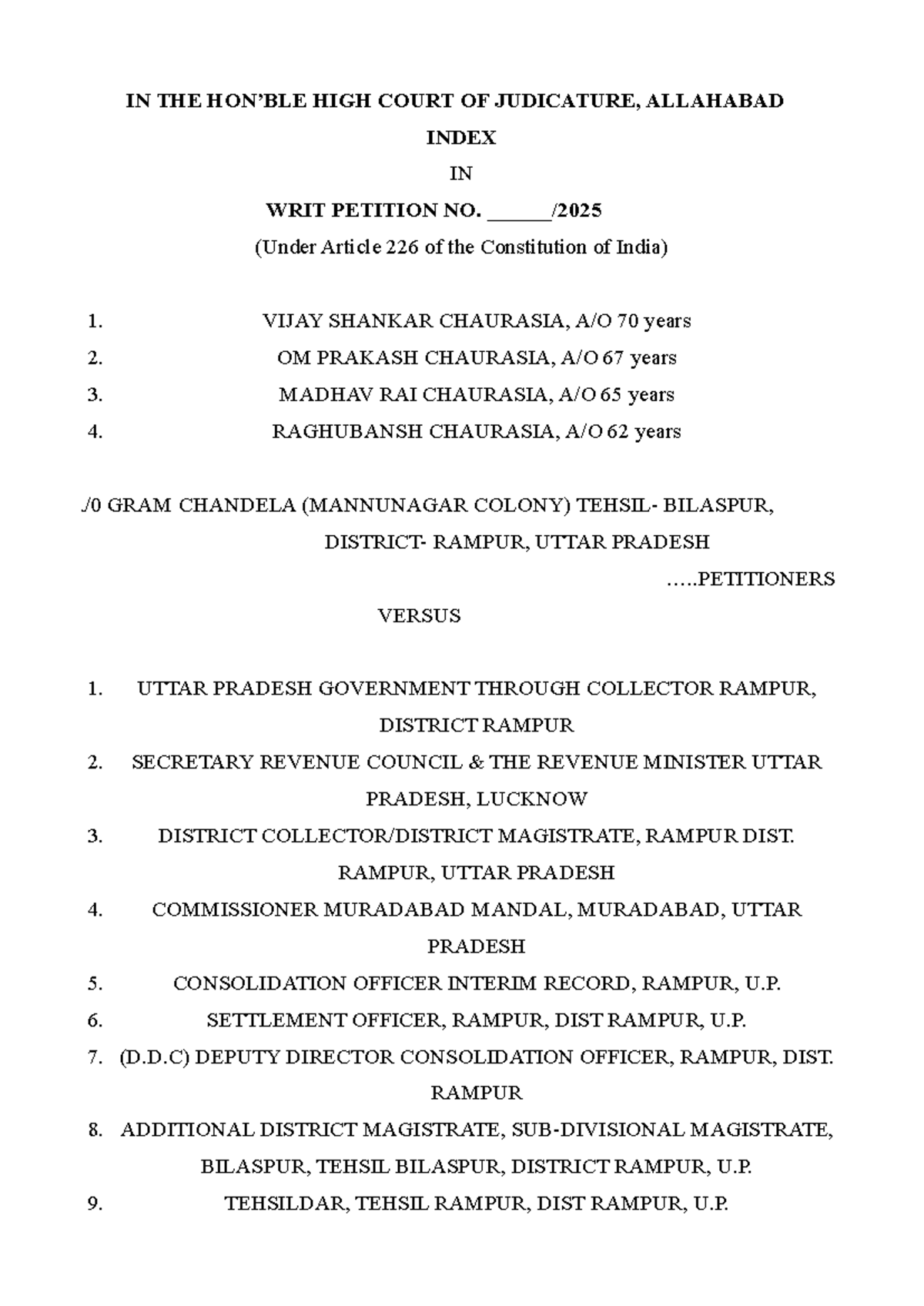 Writ petition template - IN THE HON’BLE HIGH COURT OF JUDICATURE ...