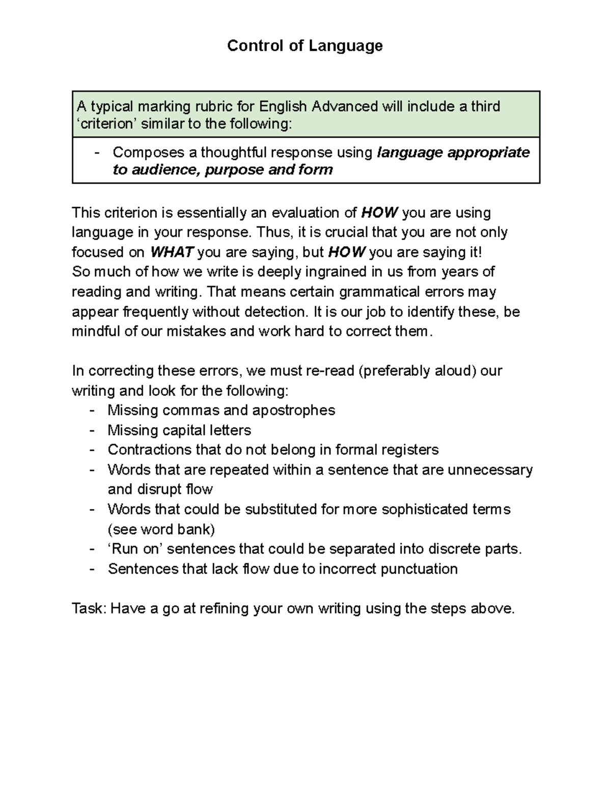 Control of Language: Enhancing Writing Skills for English Adv. - Studocu