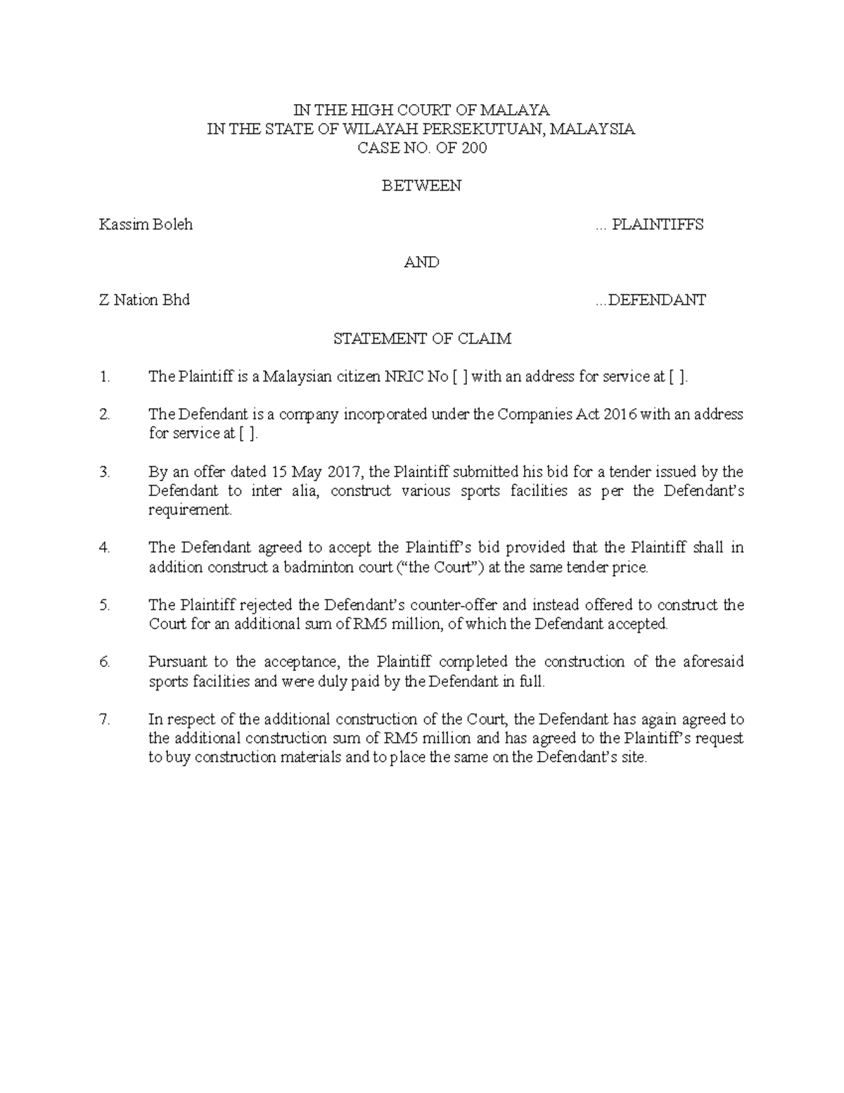 Contract Law Statement of Claim Example - 2018 July Case No. 200 - Studocu