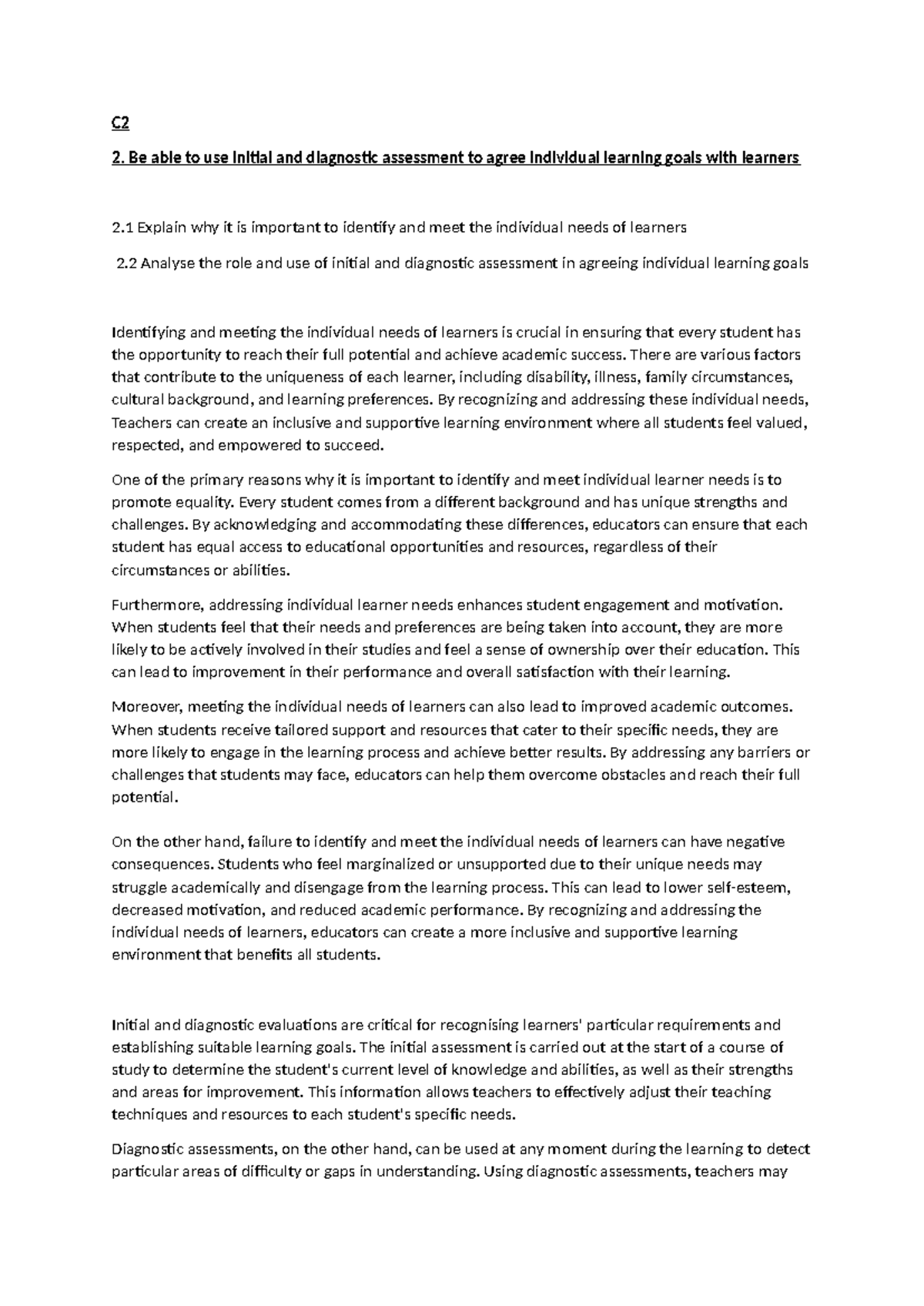 C2 - Assignment L5: Importance of Assessing Individual Learner Needs ...
