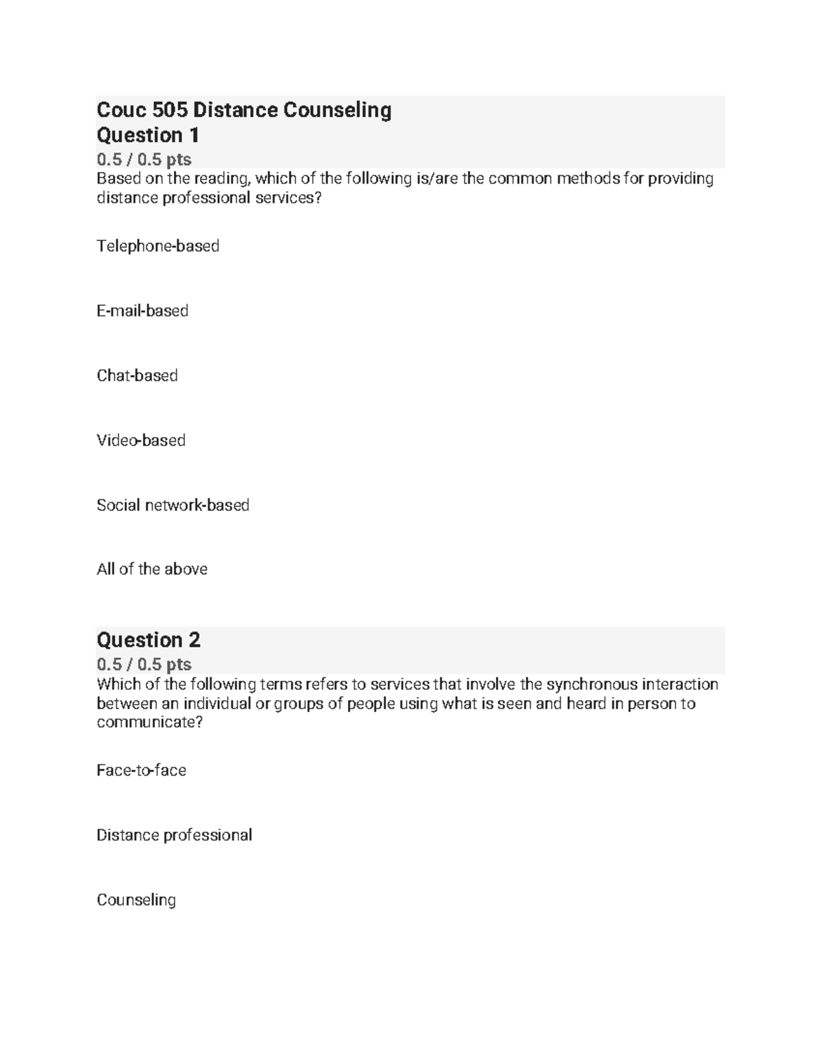 Couc 505 Distance Counseling Quiz: Answers and Key Concepts - Studocu