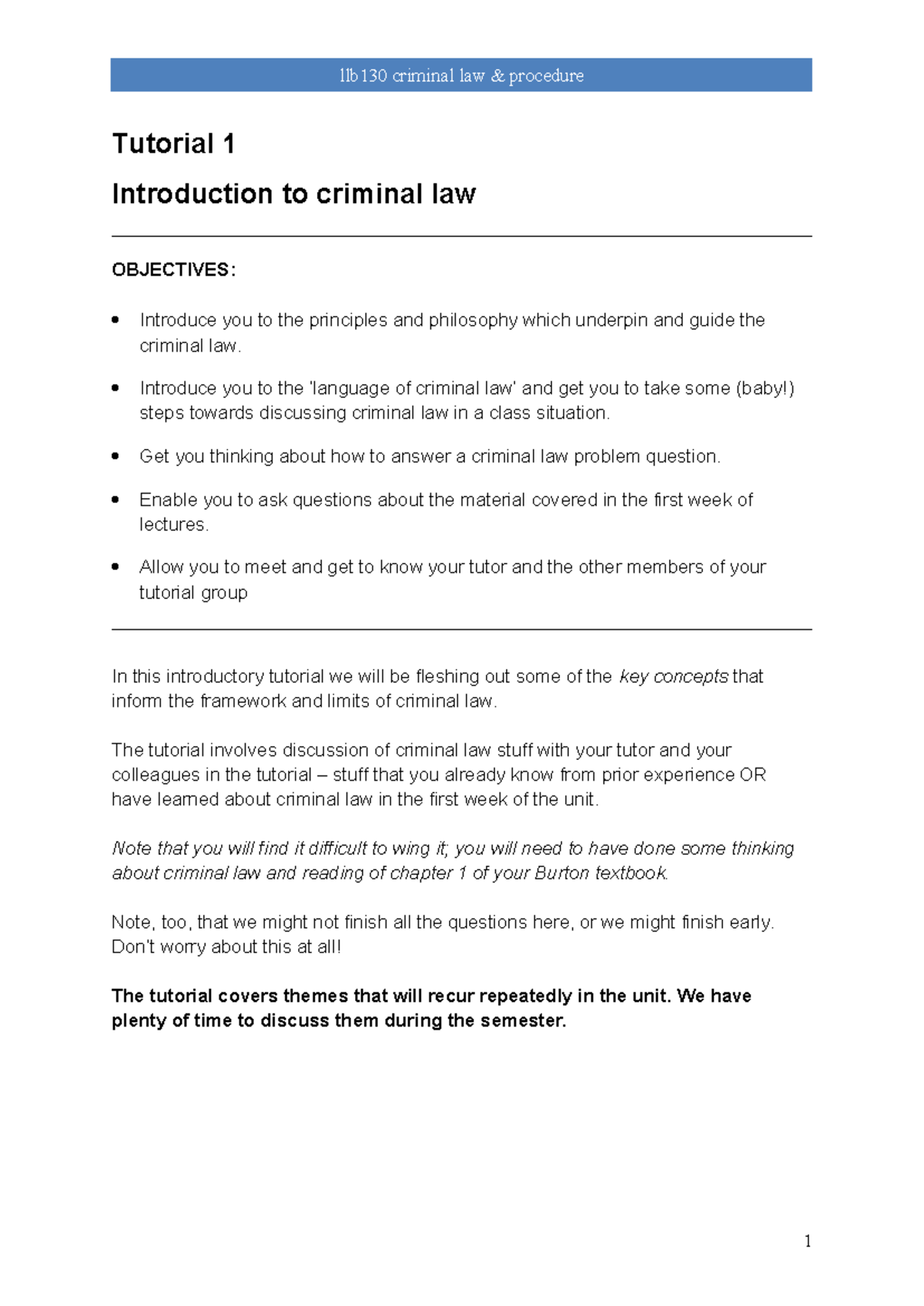 LLB130 Criminal Law Tutorial 1 - Introduction to Key Concepts - Studocu