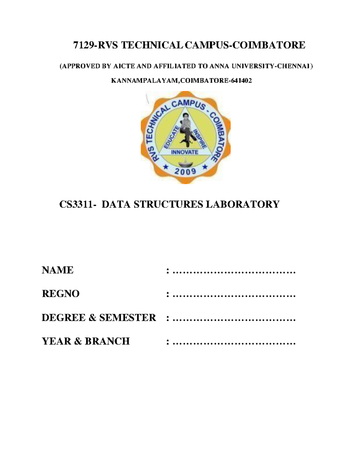 CS3311 - DATA Structures LAB Manual - 7129-RVS TECHNICAL CAMPUS ...