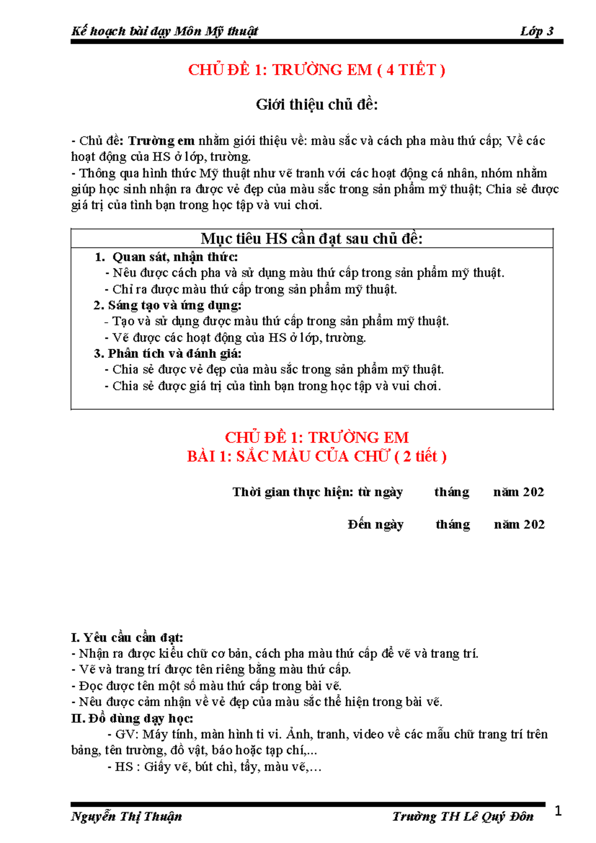 Kế hoạch bài dạy Môn Mỹ thuật Lớp 3: Chủ đề Trường Em (4 tiết) - Studocu