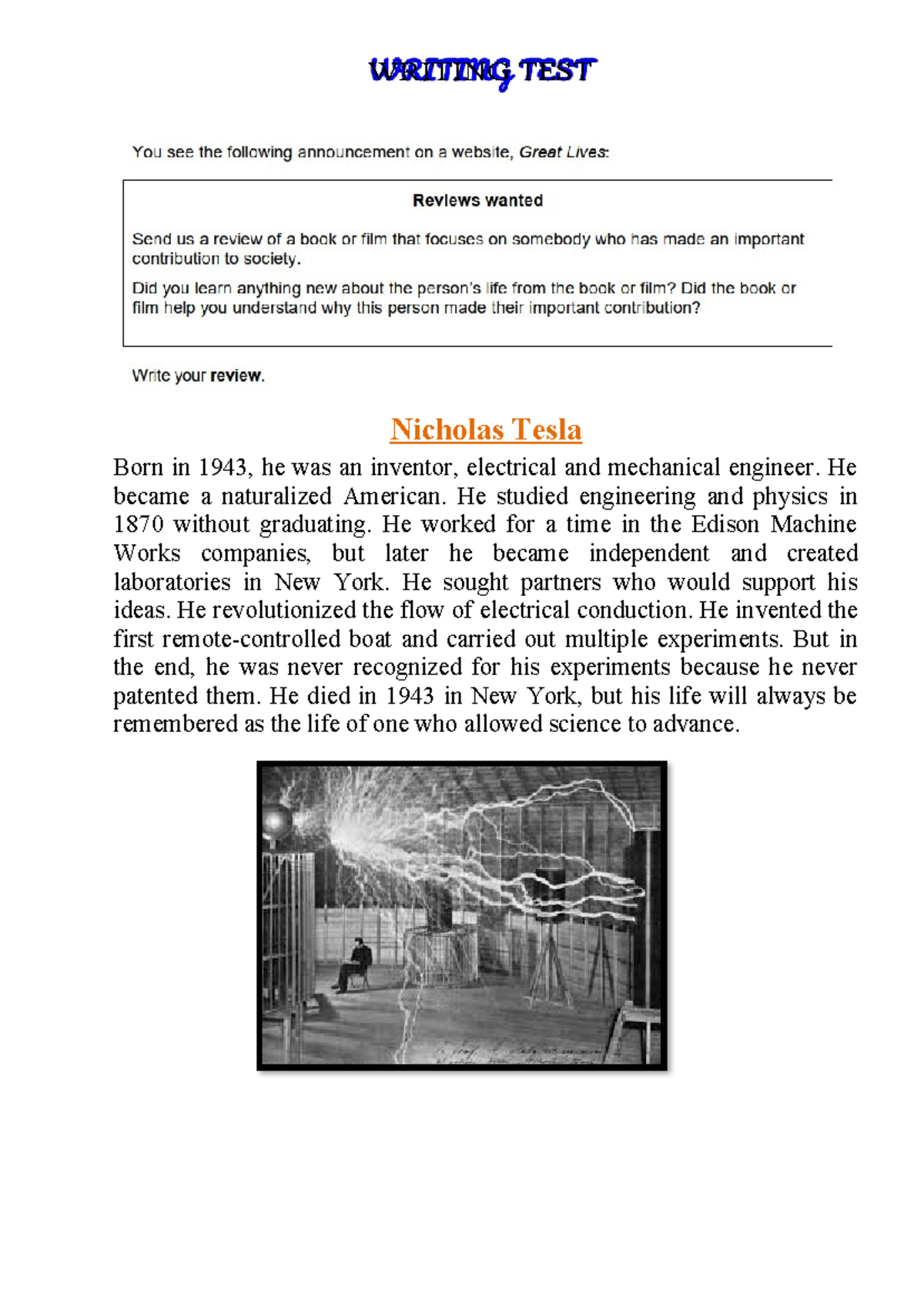 WRITING TEST: The Life and Legacy of Nikola Tesla - Studocu
