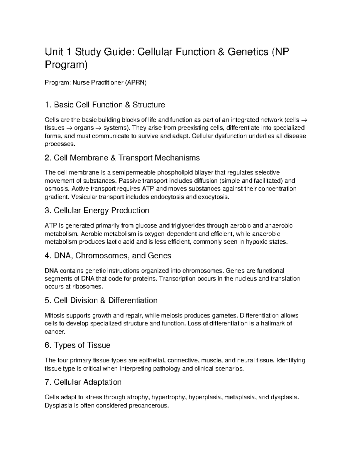 Unit 1 Study Guide: Cellular Function & Genetics (NP Program) - Studocu