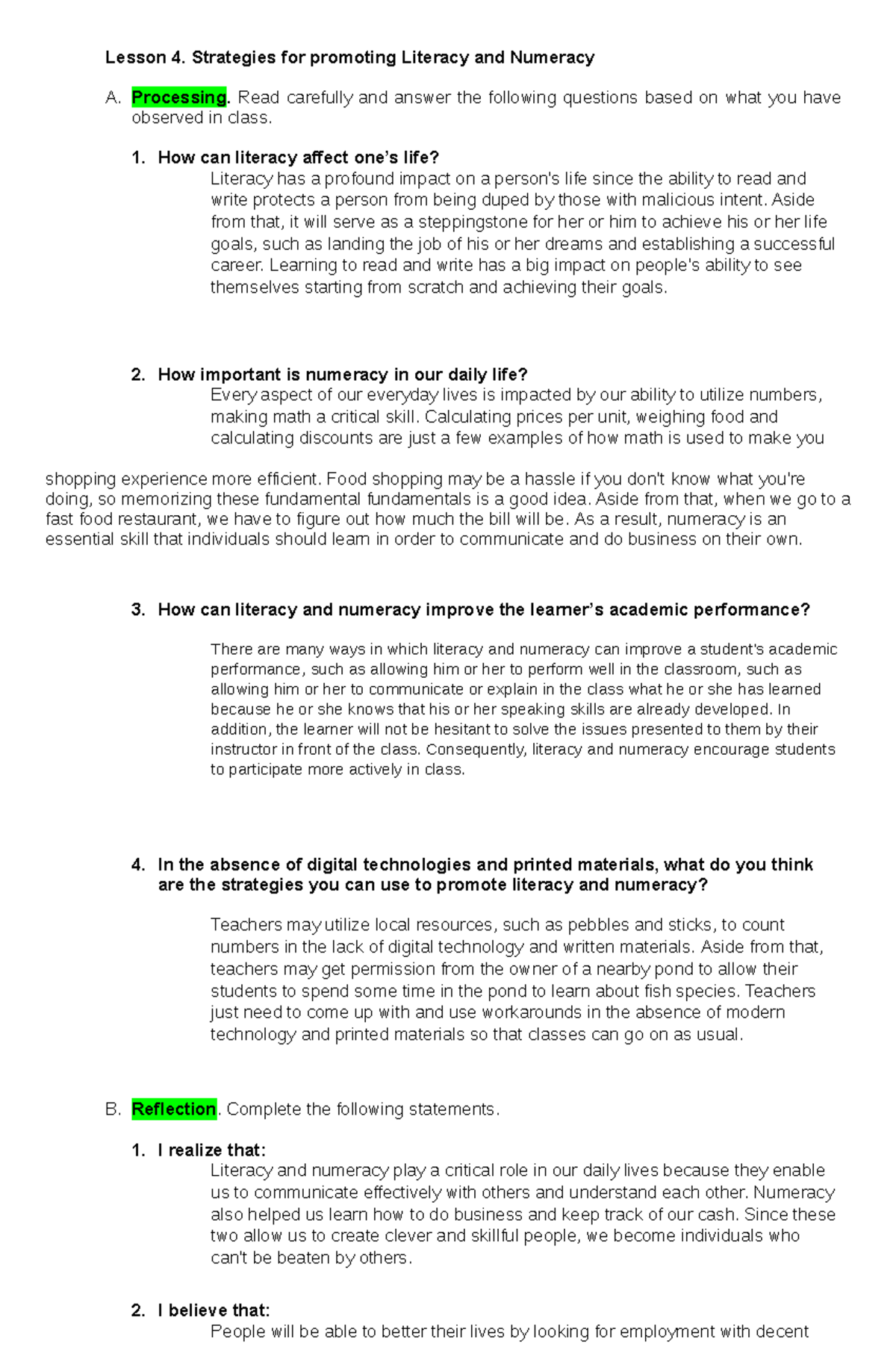 Strategies for Promoting Literacy and Numeracy - AOL2 Lesson 4 - Studocu