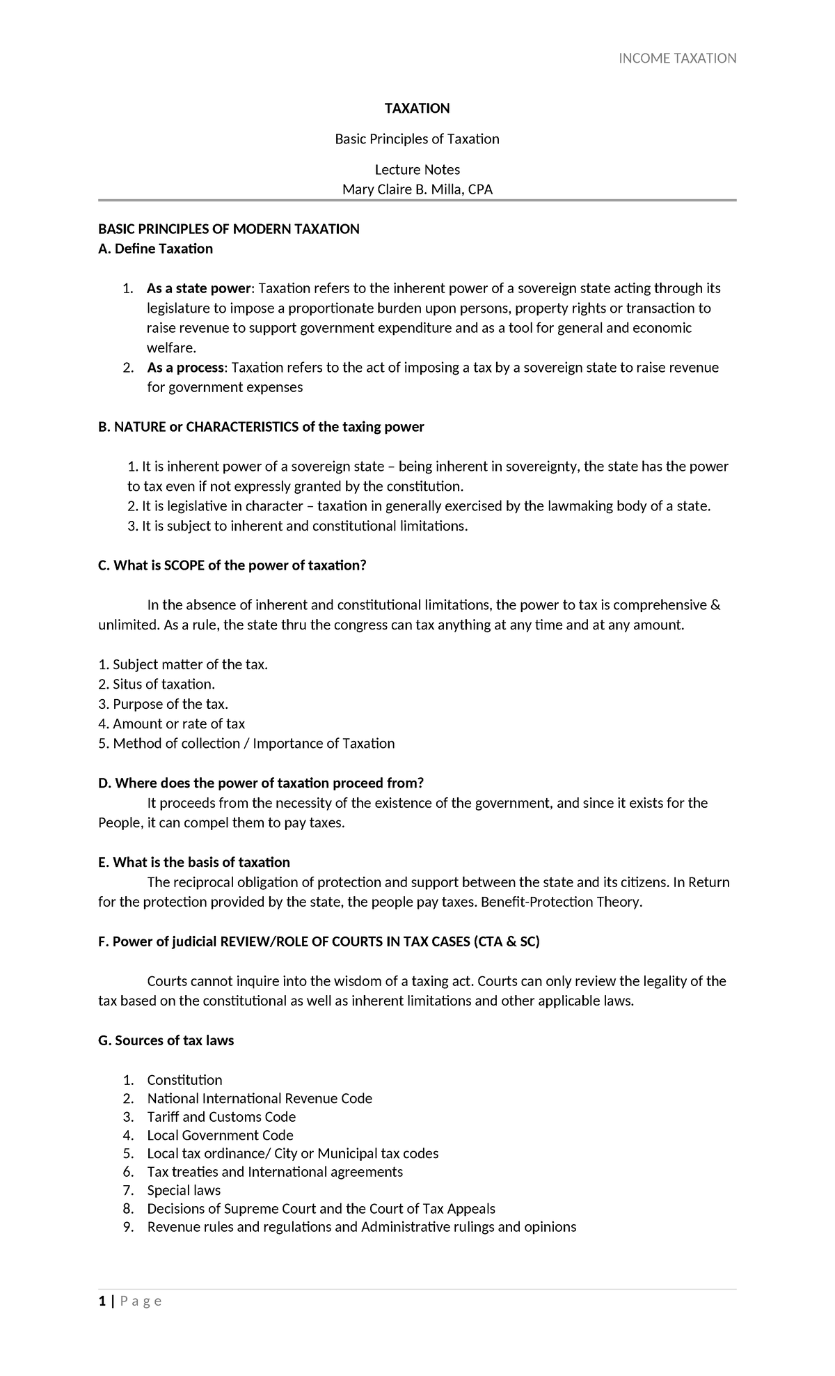 INCOME TAXATION 101: Basic Principles of Taxation Lecture Notes - Studocu