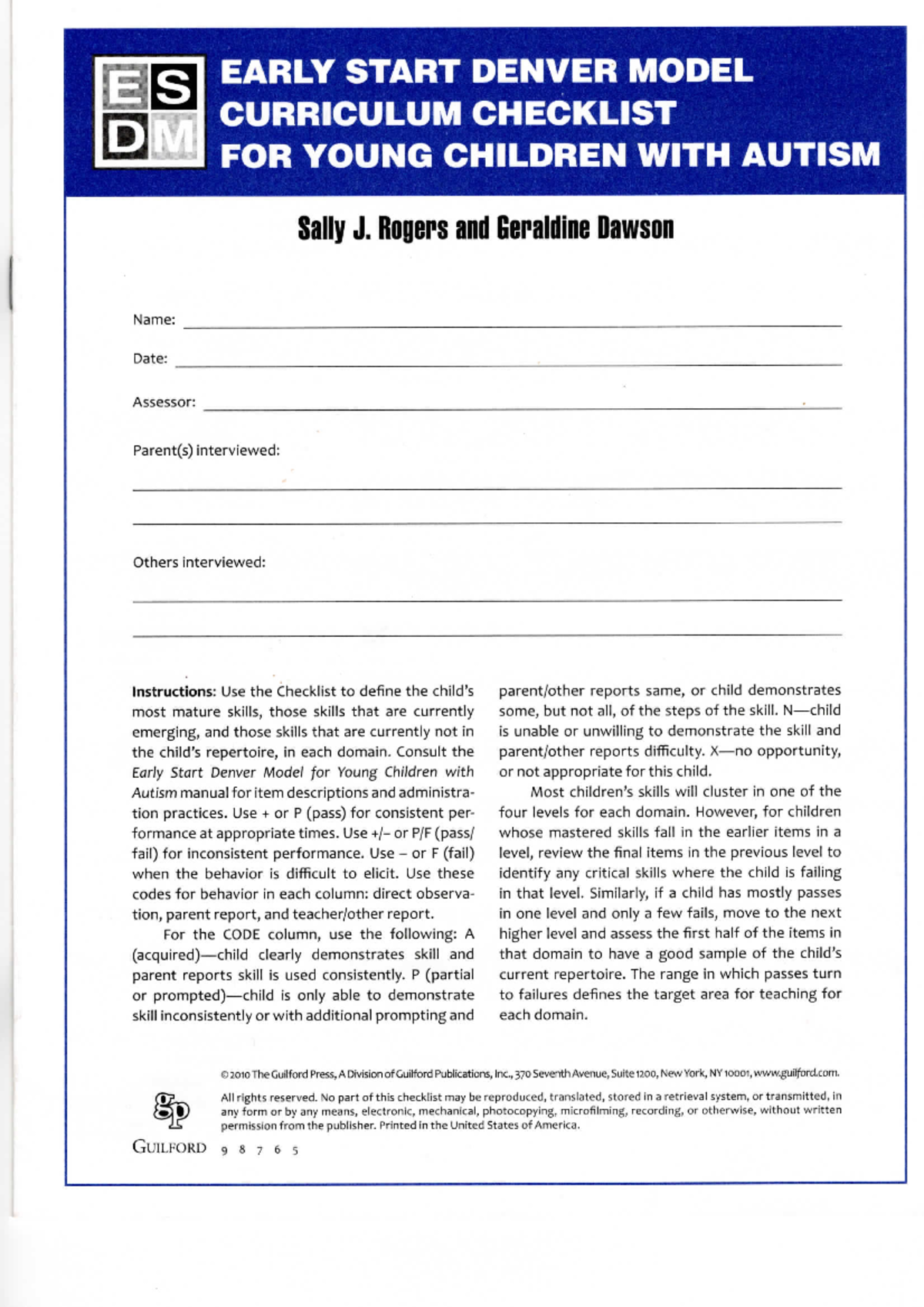 ES ESDM CURRICULUM CHECKLIST FOR YOUNG CHILDREN WITH AUTISM - Studocu