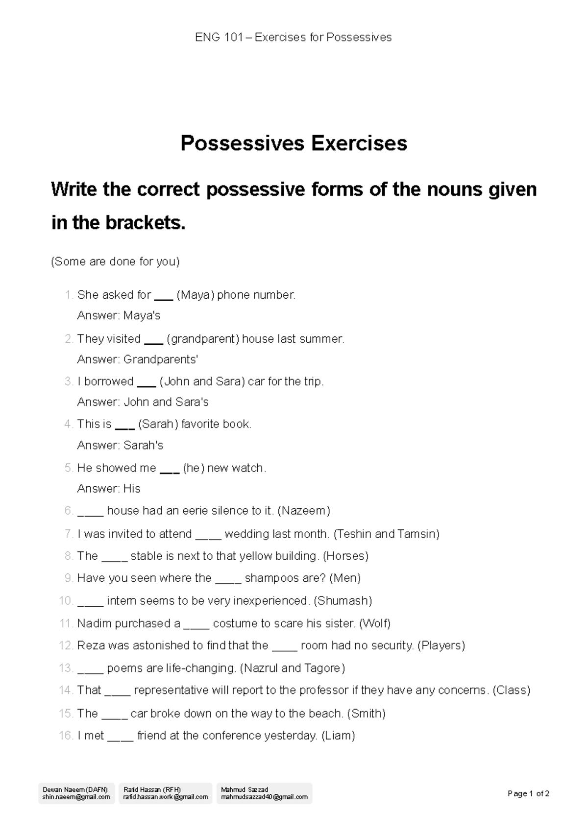 ENG 101 Possessives Exercises: Fill in the Correct Forms - Studocu