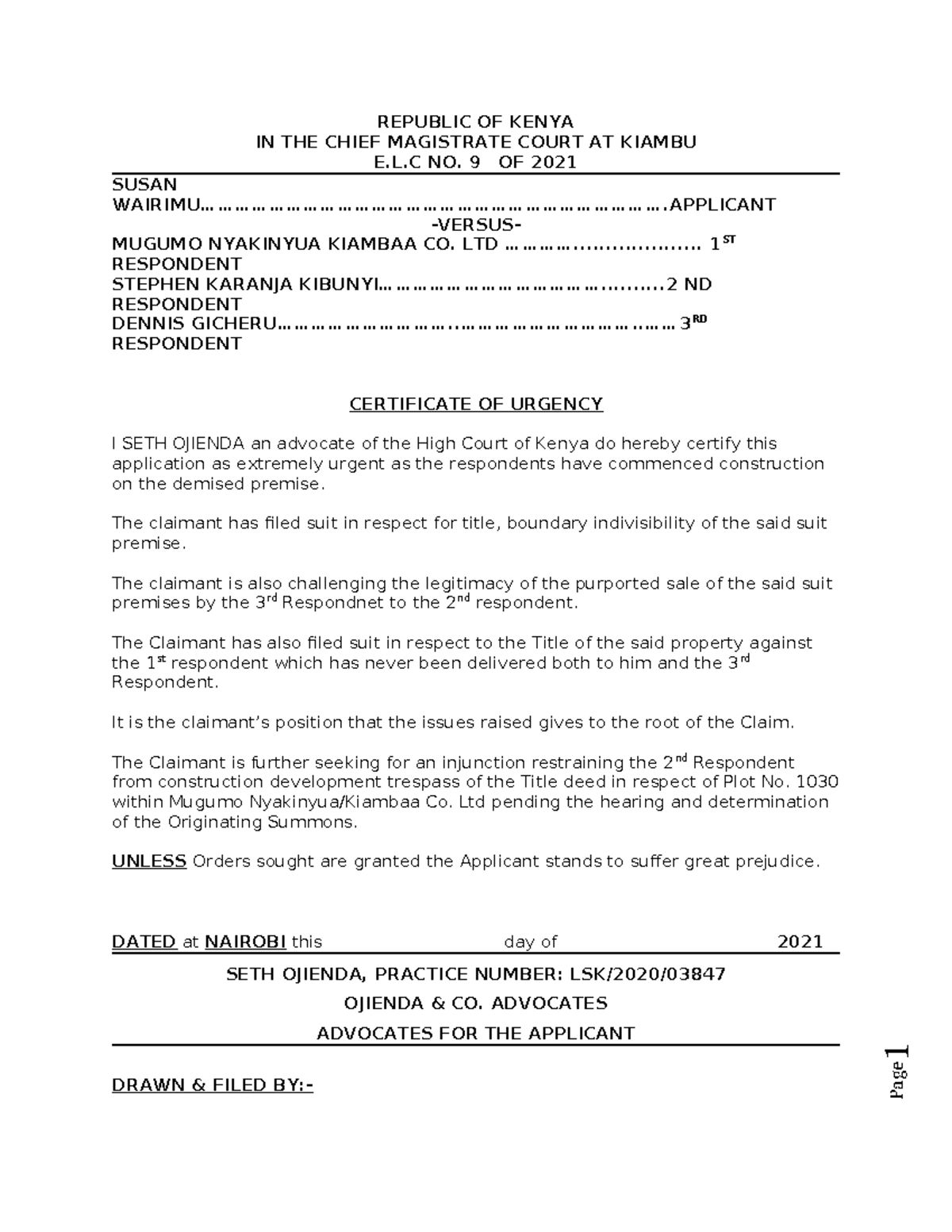 Injunction Application in E.L.C No. 9 of 2021 - Kiambu Court - Studocu