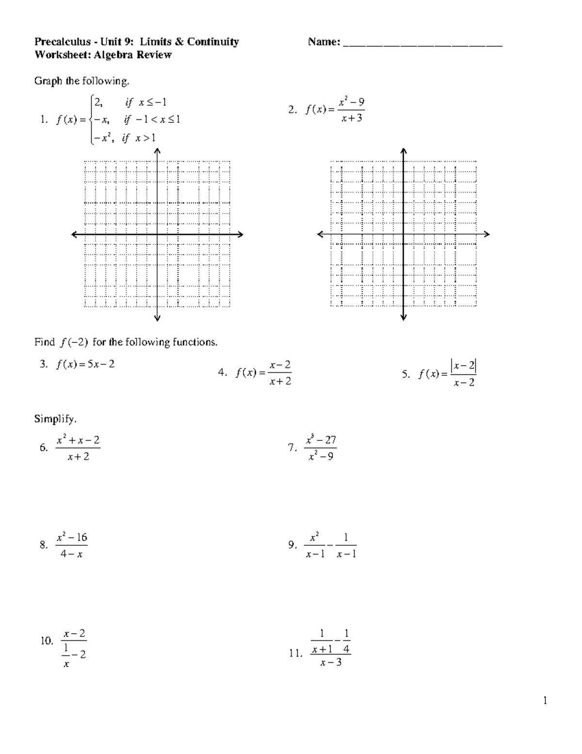 Unit 9: Limits & Continuity Homework Review - Precalculus - Studocu