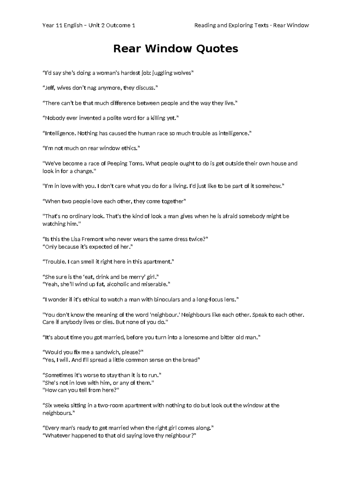 Year 11 English Unit 2 Outcome 1: Quotes from Rear Window - Studocu
