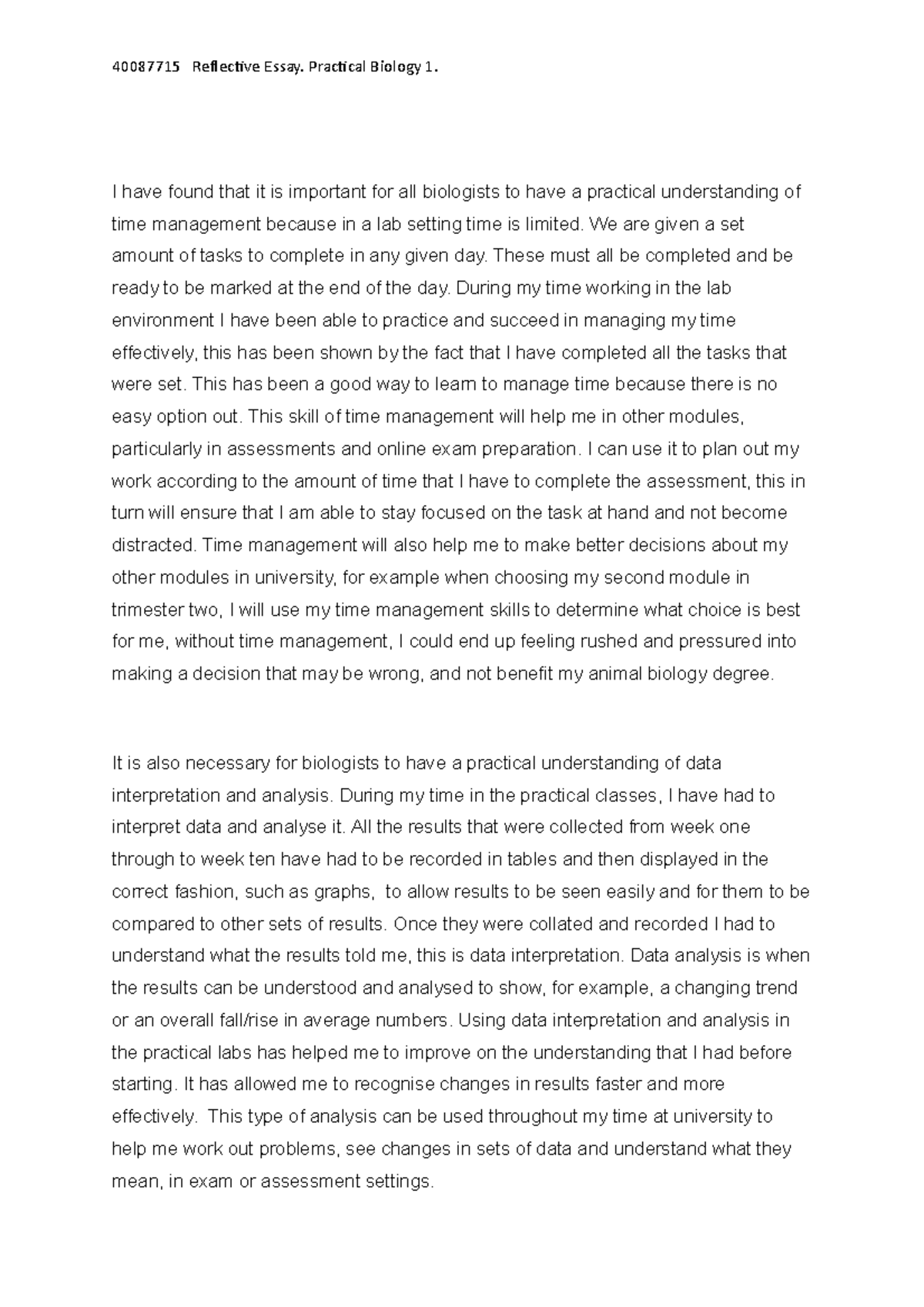 Reflective essay practical bio 1 - 40087715 Reflective Essay. Practical ...