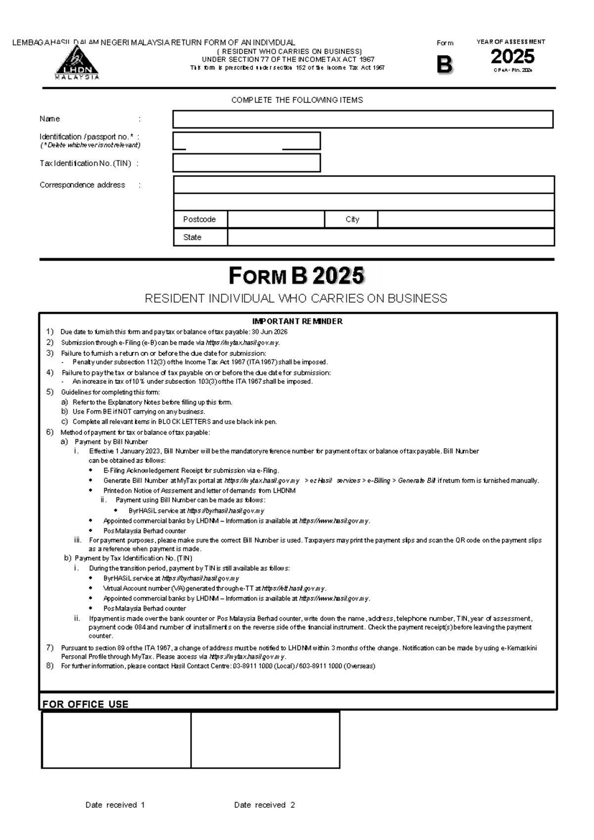 TAX267 FORM B 2025: Individual Business Return Under ITA 1967 - Studocu