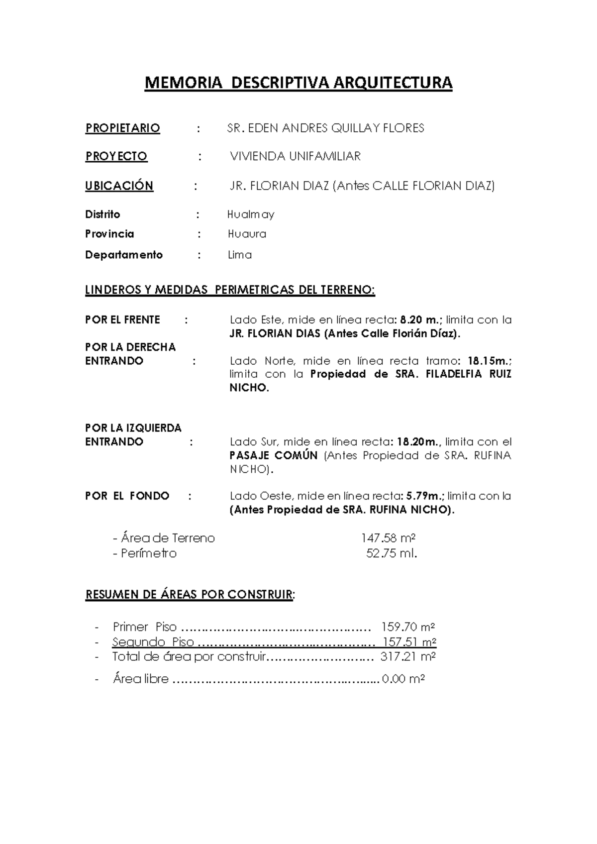 Memoria Descriptiva de Proyecto de Vivienda Unifamiliar - ARQ 2023 ...