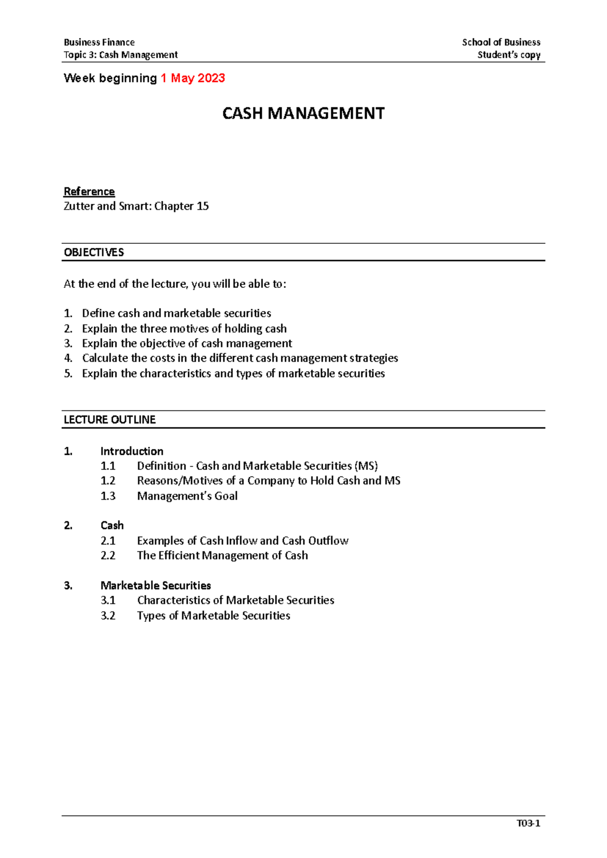 Apr23 BF L03: Cash Management Lecture Notes and Key Concepts - Studocu