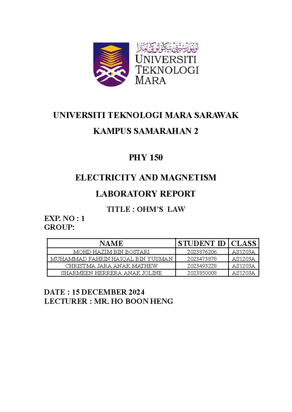LAB Report PHY 150: Experiment 1 - Ohm's Law Analysis - Studocu
