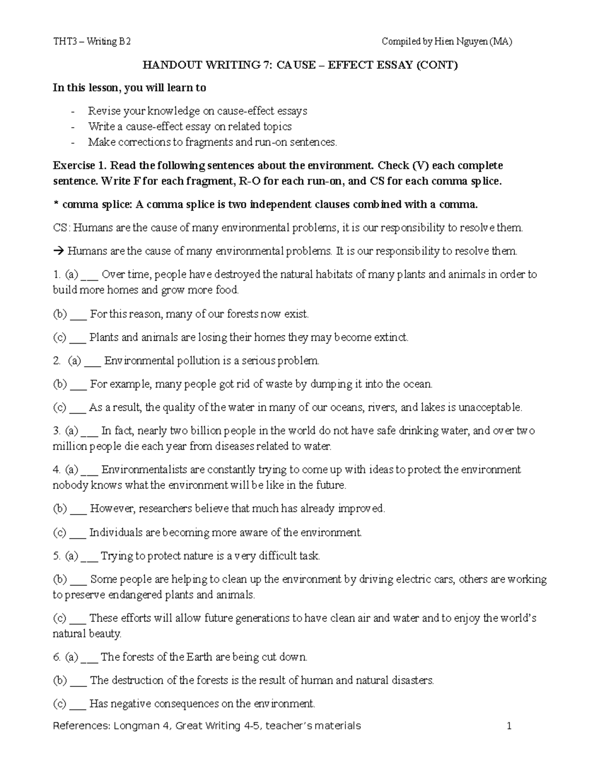 Handout Writing 07 - B2: Cause and Effect Essay Techniques - Studocu